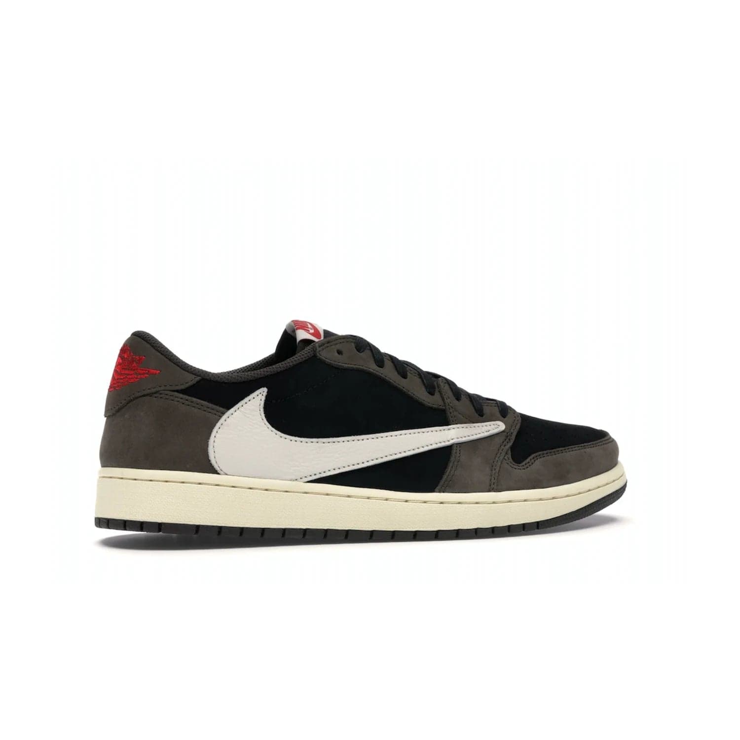 Jordan 1 Retro Low OG SP Travis Scott - Image 35 - Only at www.BallersClubKickz.com - The Air Jordan 1 Low Travis Scott combines modern and classic design elements for a stylish look. It features a black upper with dark brown overlays, red accents, sail midsole, and dark brown outsole. Signature touches include a backwards Swoosh logo and “Cactus Jack” inscriptions. Released in July 2019.