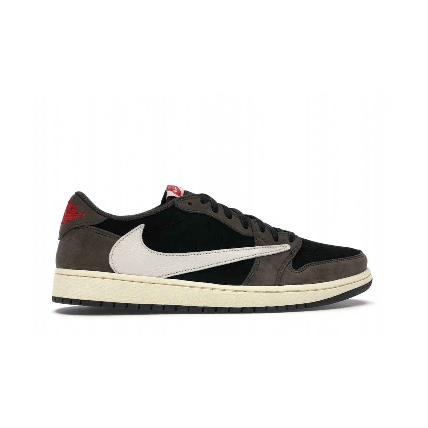 Jordan 1 Retro Low OG SP Travis Scott - Image 36 - Only at www.BallersClubKickz.com - The Air Jordan 1 Low Travis Scott combines modern and classic design elements for a stylish look. It features a black upper with dark brown overlays, red accents, sail midsole, and dark brown outsole. Signature touches include a backwards Swoosh logo and “Cactus Jack” inscriptions. Released in July 2019.