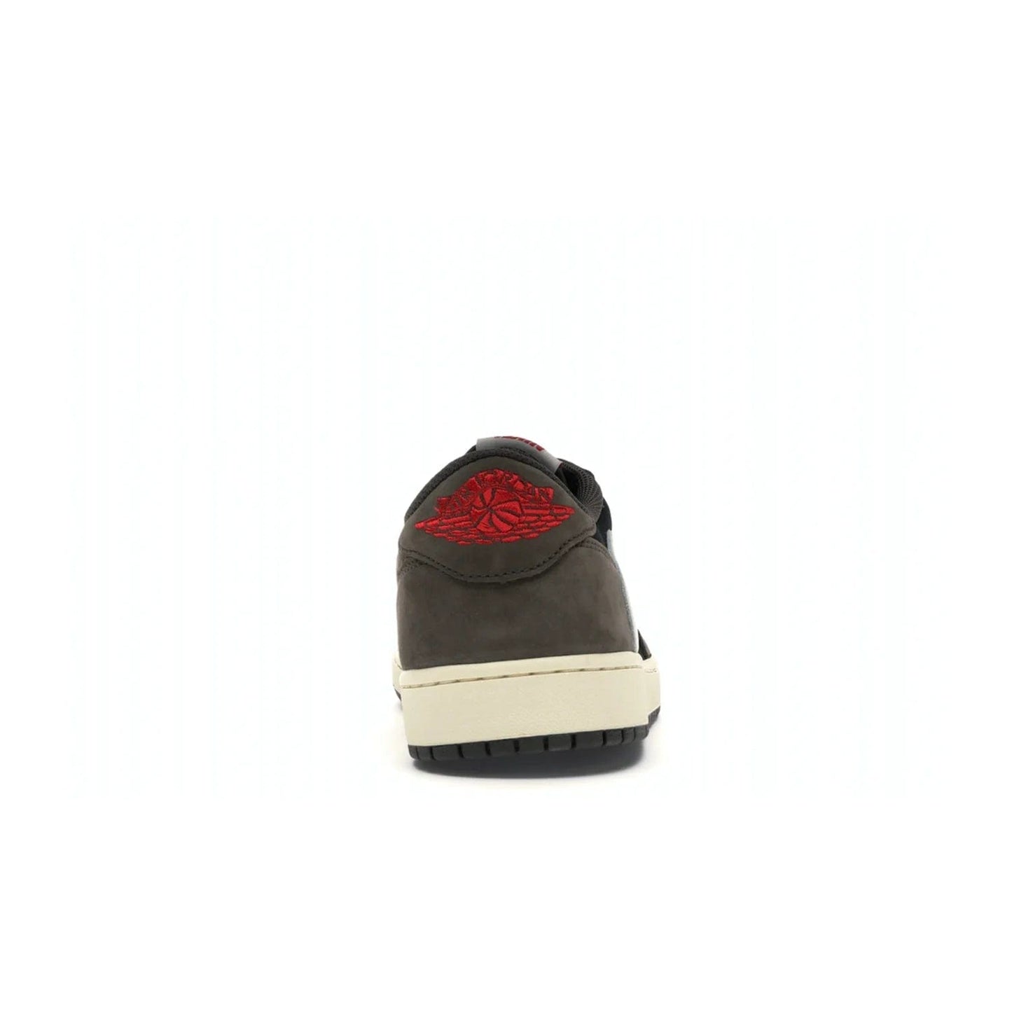 Jordan 1 Retro Low OG SP Travis Scott - Image 28 - Only at www.BallersClubKickz.com - The Air Jordan 1 Low Travis Scott combines modern and classic design elements for a stylish look. It features a black upper with dark brown overlays, red accents, sail midsole, and dark brown outsole. Signature touches include a backwards Swoosh logo and “Cactus Jack” inscriptions. Released in July 2019.