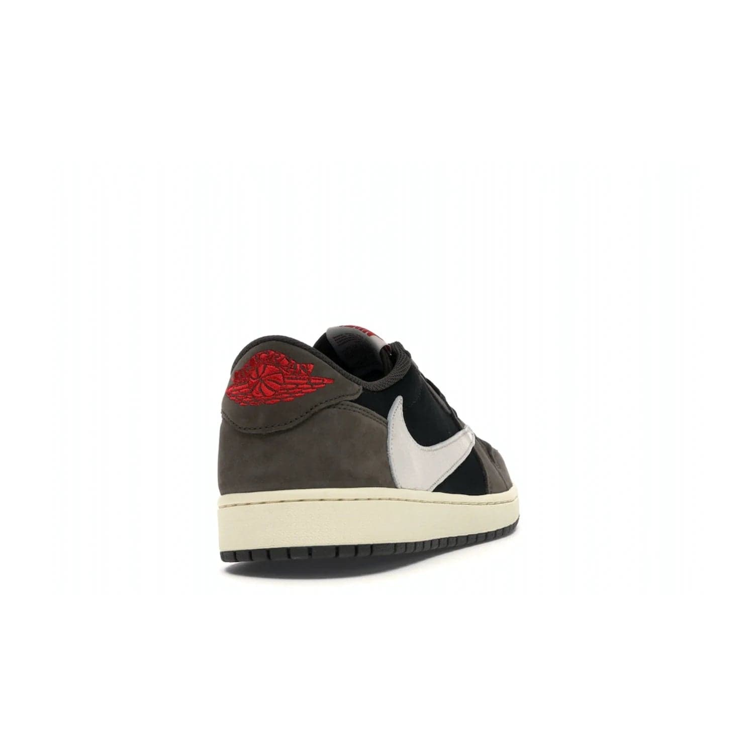 Jordan 1 Retro Low OG SP Travis Scott - Image 30 - Only at www.BallersClubKickz.com - The Air Jordan 1 Low Travis Scott combines modern and classic design elements for a stylish look. It features a black upper with dark brown overlays, red accents, sail midsole, and dark brown outsole. Signature touches include a backwards Swoosh logo and “Cactus Jack” inscriptions. Released in July 2019.