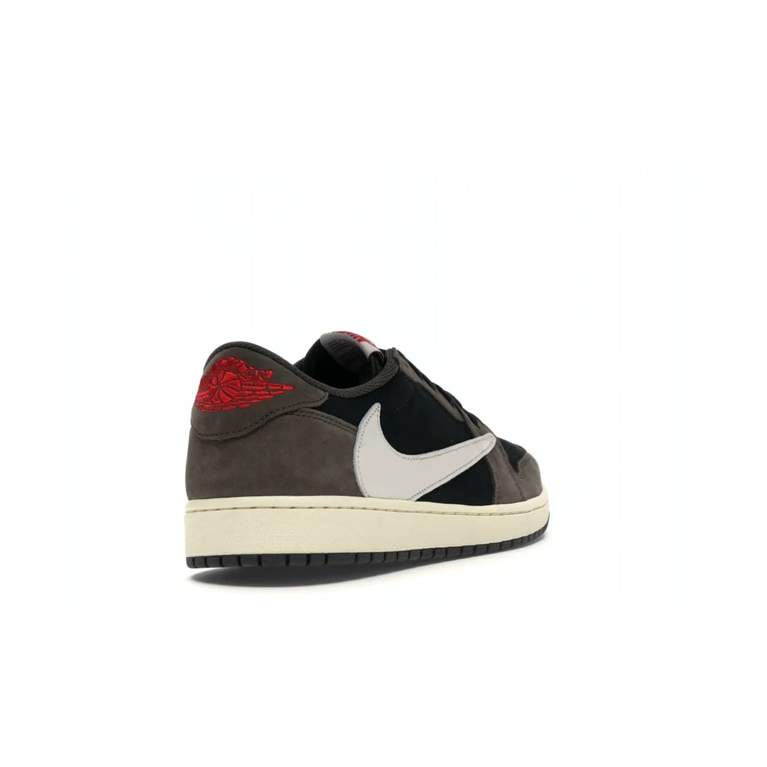 Jordan 1 Retro Low OG SP Travis Scott - Image 31 - Only at www.BallersClubKickz.com - The Air Jordan 1 Low Travis Scott combines modern and classic design elements for a stylish look. It features a black upper with dark brown overlays, red accents, sail midsole, and dark brown outsole. Signature touches include a backwards Swoosh logo and “Cactus Jack” inscriptions. Released in July 2019.