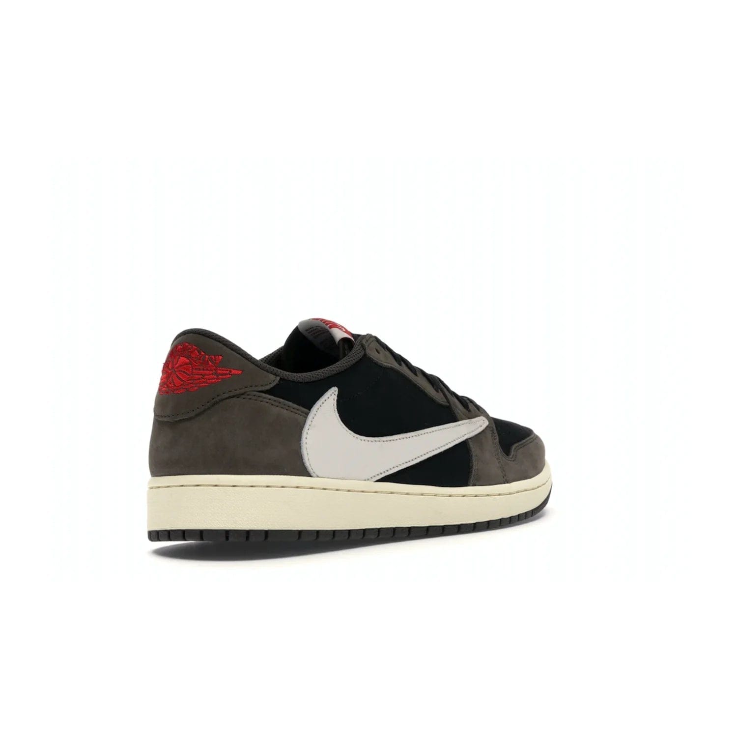 Jordan 1 Retro Low OG SP Travis Scott - Image 32 - Only at www.BallersClubKickz.com - The Air Jordan 1 Low Travis Scott combines modern and classic design elements for a stylish look. It features a black upper with dark brown overlays, red accents, sail midsole, and dark brown outsole. Signature touches include a backwards Swoosh logo and “Cactus Jack” inscriptions. Released in July 2019.