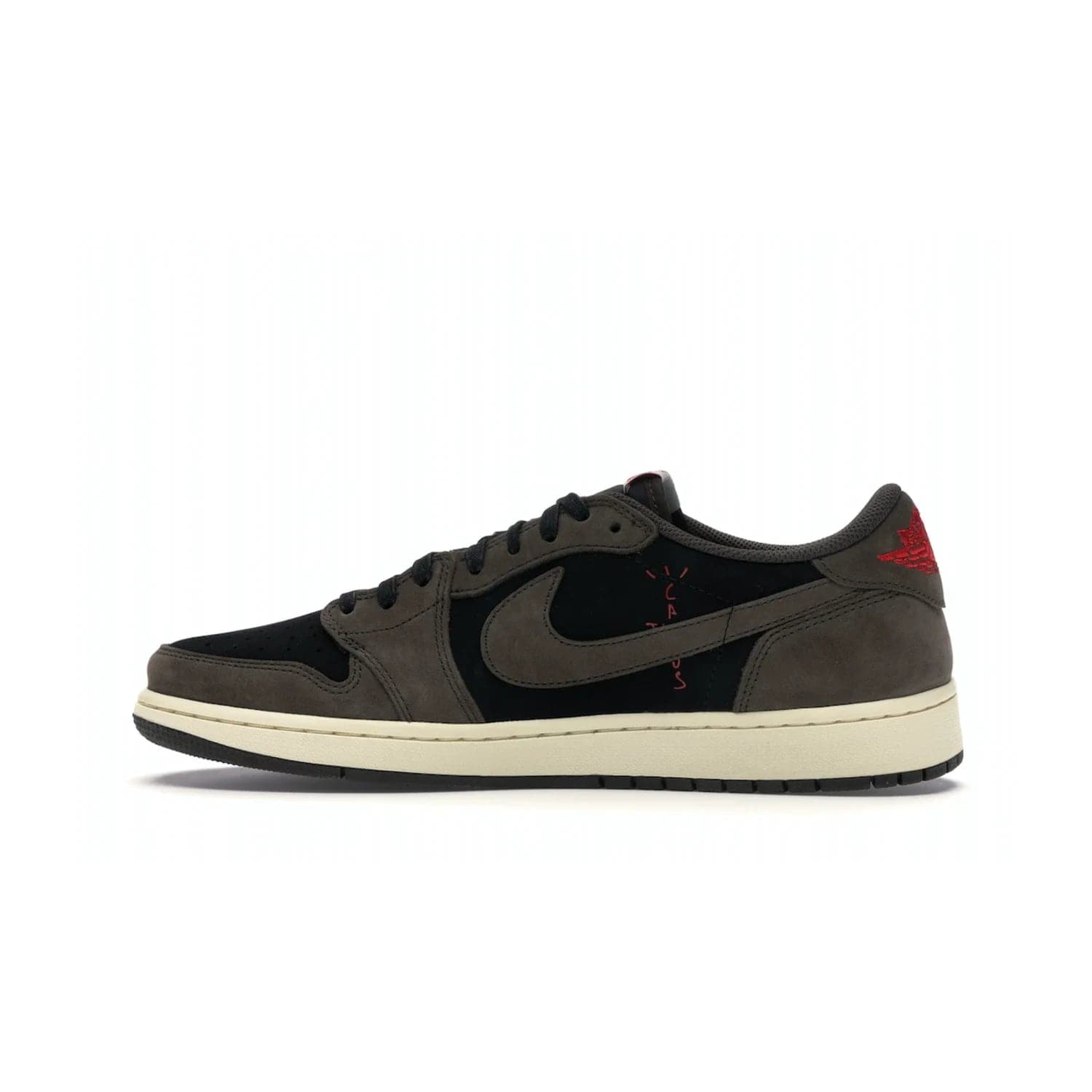 Jordan 1 Retro Low OG SP Travis Scott - Image 20 - Only at www.BallersClubKickz.com - The Air Jordan 1 Low Travis Scott combines modern and classic design elements for a stylish look. It features a black upper with dark brown overlays, red accents, sail midsole, and dark brown outsole. Signature touches include a backwards Swoosh logo and “Cactus Jack” inscriptions. Released in July 2019.