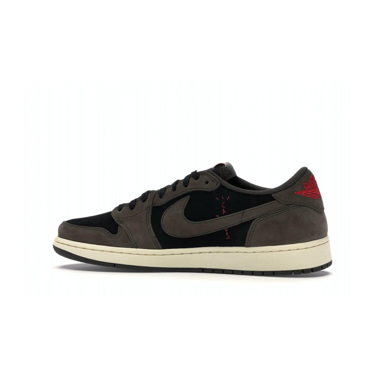 Jordan 1 Retro Low OG SP Travis Scott - Image 21 - Only at www.BallersClubKickz.com - The Air Jordan 1 Low Travis Scott combines modern and classic design elements for a stylish look. It features a black upper with dark brown overlays, red accents, sail midsole, and dark brown outsole. Signature touches include a backwards Swoosh logo and “Cactus Jack” inscriptions. Released in July 2019.