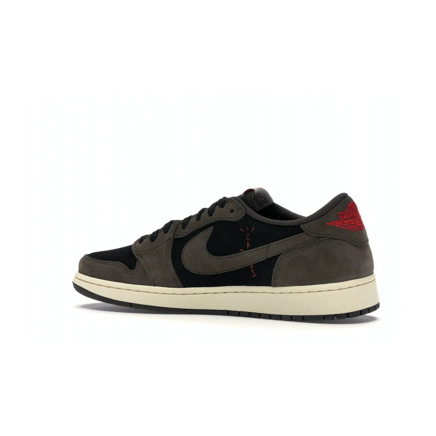 Jordan 1 Retro Low OG SP Travis Scott - Image 22 - Only at www.BallersClubKickz.com - The Air Jordan 1 Low Travis Scott combines modern and classic design elements for a stylish look. It features a black upper with dark brown overlays, red accents, sail midsole, and dark brown outsole. Signature touches include a backwards Swoosh logo and “Cactus Jack” inscriptions. Released in July 2019.