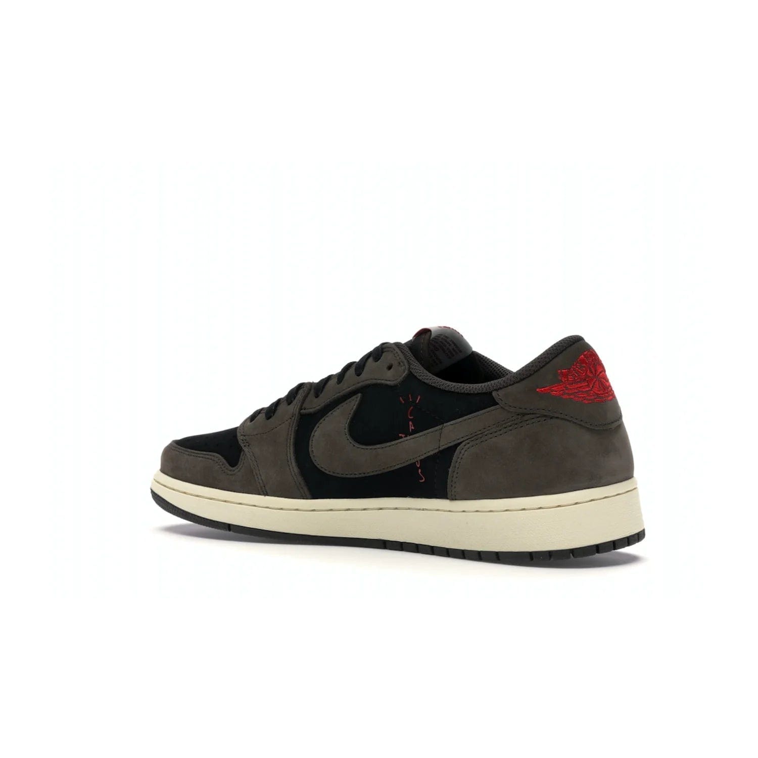 Jordan 1 Retro Low OG SP Travis Scott - Image 23 - Only at www.BallersClubKickz.com - The Air Jordan 1 Low Travis Scott combines modern and classic design elements for a stylish look. It features a black upper with dark brown overlays, red accents, sail midsole, and dark brown outsole. Signature touches include a backwards Swoosh logo and “Cactus Jack” inscriptions. Released in July 2019.