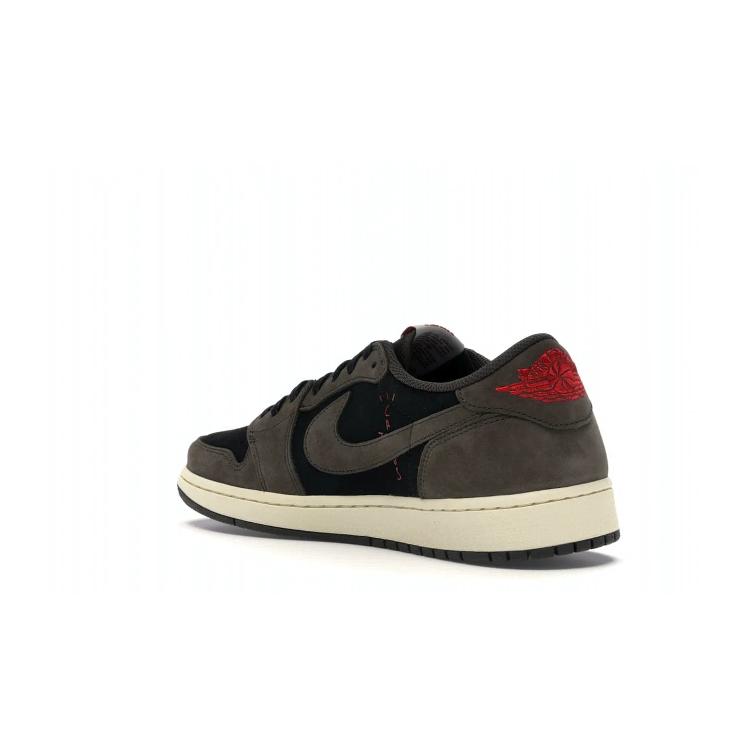 Jordan 1 Retro Low OG SP Travis Scott - Image 24 - Only at www.BallersClubKickz.com - The Air Jordan 1 Low Travis Scott combines modern and classic design elements for a stylish look. It features a black upper with dark brown overlays, red accents, sail midsole, and dark brown outsole. Signature touches include a backwards Swoosh logo and “Cactus Jack” inscriptions. Released in July 2019.