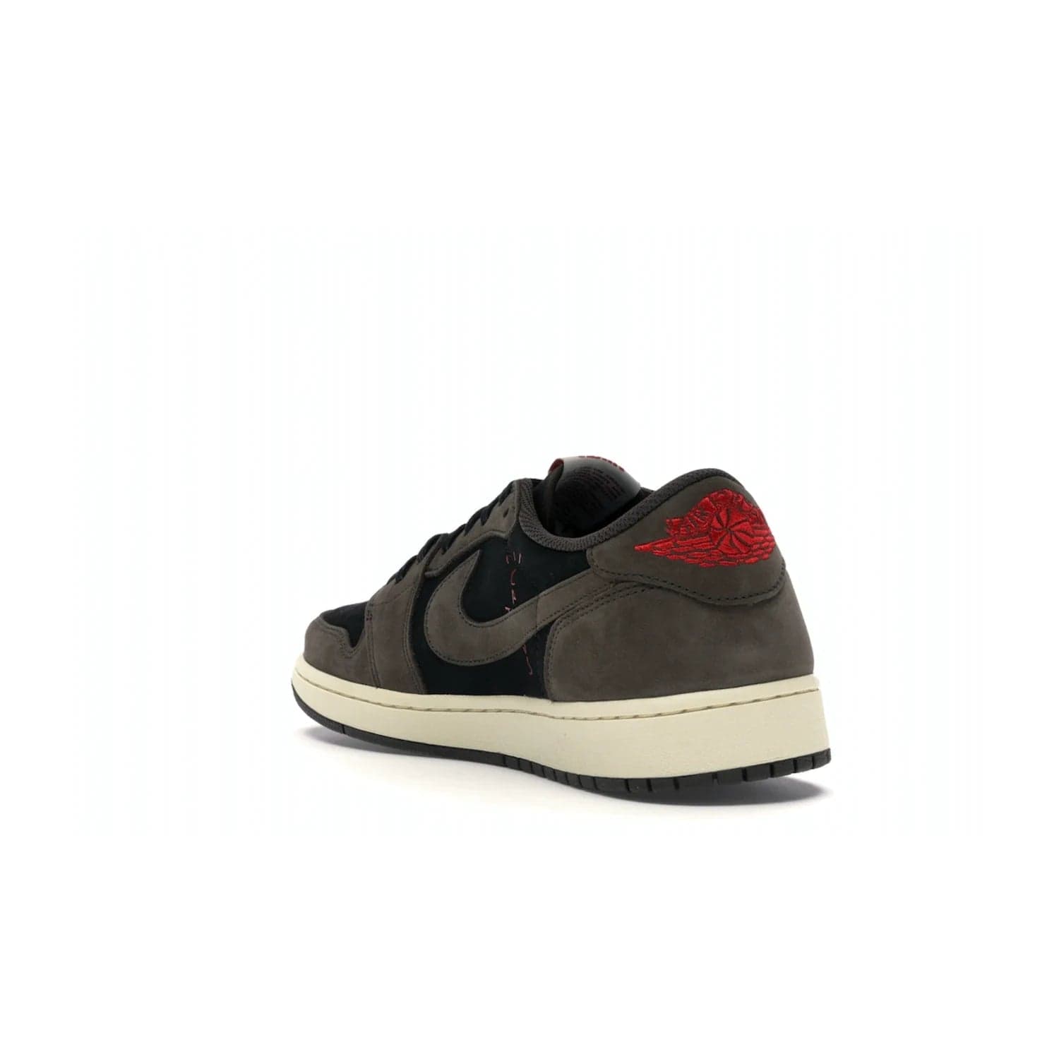 Jordan 1 Retro Low OG SP Travis Scott - Image 25 - Only at www.BallersClubKickz.com - The Air Jordan 1 Low Travis Scott combines modern and classic design elements for a stylish look. It features a black upper with dark brown overlays, red accents, sail midsole, and dark brown outsole. Signature touches include a backwards Swoosh logo and “Cactus Jack” inscriptions. Released in July 2019.