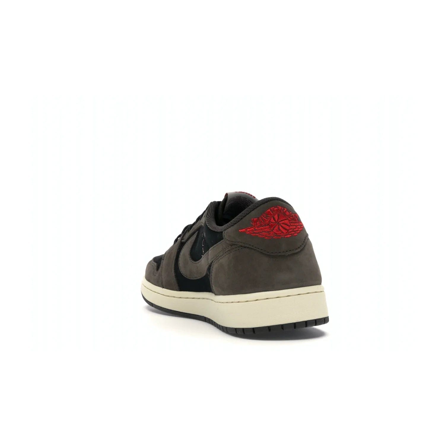 Jordan 1 Retro Low OG SP Travis Scott - Image 26 - Only at www.BallersClubKickz.com - The Air Jordan 1 Low Travis Scott combines modern and classic design elements for a stylish look. It features a black upper with dark brown overlays, red accents, sail midsole, and dark brown outsole. Signature touches include a backwards Swoosh logo and “Cactus Jack” inscriptions. Released in July 2019.