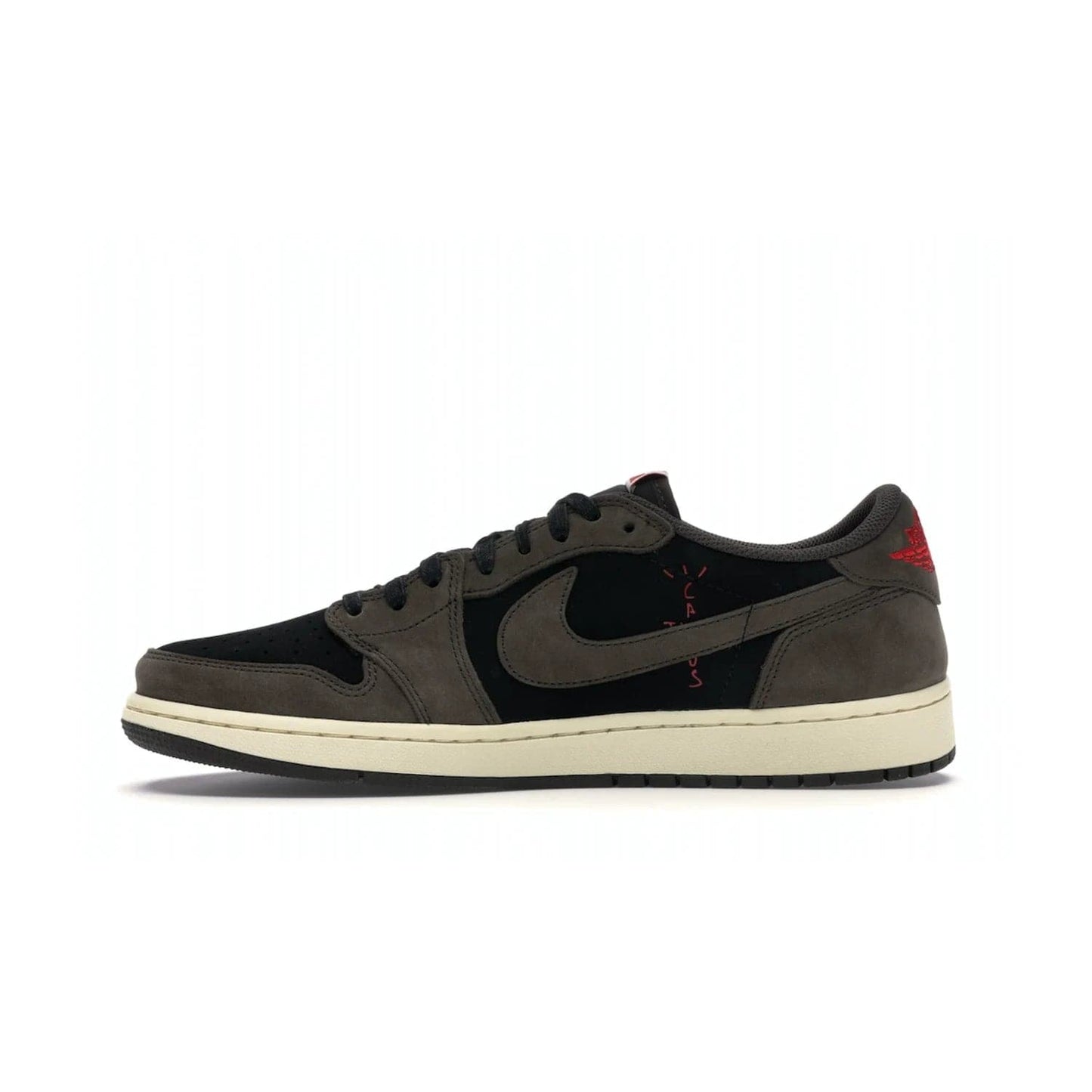 Jordan 1 Retro Low OG SP Travis Scott - Image 19 - Only at www.BallersClubKickz.com - The Air Jordan 1 Low Travis Scott combines modern and classic design elements for a stylish look. It features a black upper with dark brown overlays, red accents, sail midsole, and dark brown outsole. Signature touches include a backwards Swoosh logo and “Cactus Jack” inscriptions. Released in July 2019.