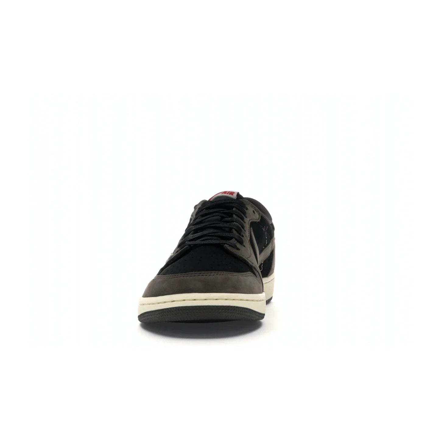 Jordan 1 Retro Low OG SP Travis Scott - Image 11 - Only at www.BallersClubKickz.com - The Air Jordan 1 Low Travis Scott combines modern and classic design elements for a stylish look. It features a black upper with dark brown overlays, red accents, sail midsole, and dark brown outsole. Signature touches include a backwards Swoosh logo and “Cactus Jack” inscriptions. Released in July 2019.