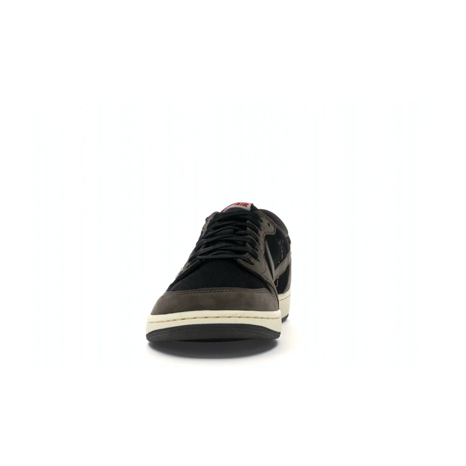Jordan 1 Retro Low OG SP Travis Scott - Image 11 - Only at www.BallersClubKickz.com - The Air Jordan 1 Low Travis Scott combines modern and classic design elements for a stylish look. It features a black upper with dark brown overlays, red accents, sail midsole, and dark brown outsole. Signature touches include a backwards Swoosh logo and “Cactus Jack” inscriptions. Released in July 2019.