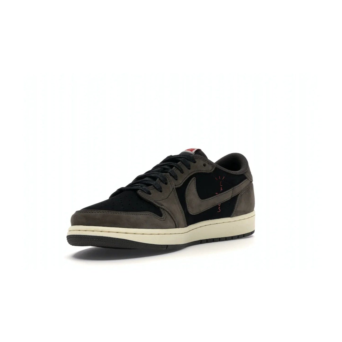 Jordan 1 Retro Low OG SP Travis Scott - Image 14 - Only at www.BallersClubKickz.com - The Air Jordan 1 Low Travis Scott combines modern and classic design elements for a stylish look. It features a black upper with dark brown overlays, red accents, sail midsole, and dark brown outsole. Signature touches include a backwards Swoosh logo and “Cactus Jack” inscriptions. Released in July 2019.