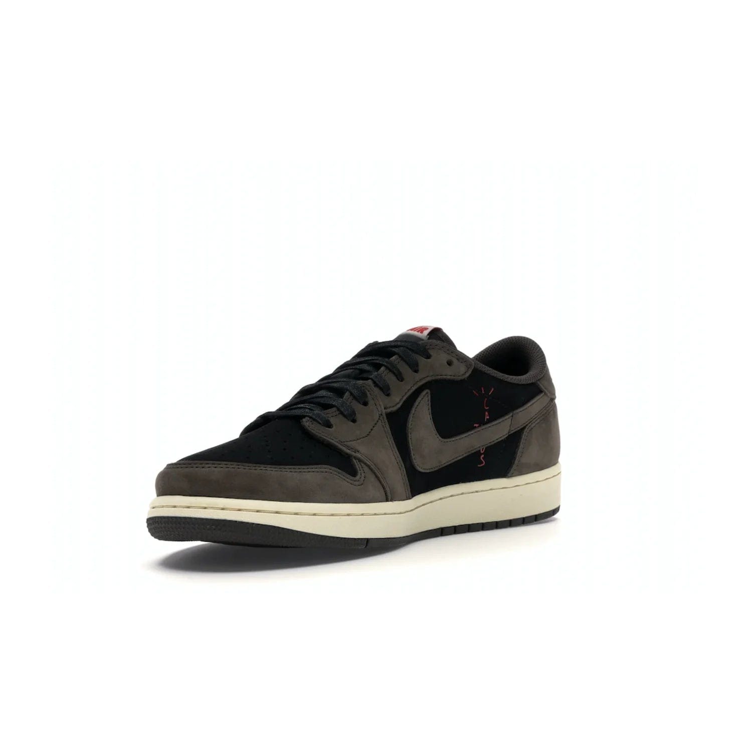Jordan 1 Retro Low OG SP Travis Scott - Image 14 - Only at www.BallersClubKickz.com - The Air Jordan 1 Low Travis Scott combines modern and classic design elements for a stylish look. It features a black upper with dark brown overlays, red accents, sail midsole, and dark brown outsole. Signature touches include a backwards Swoosh logo and “Cactus Jack” inscriptions. Released in July 2019.