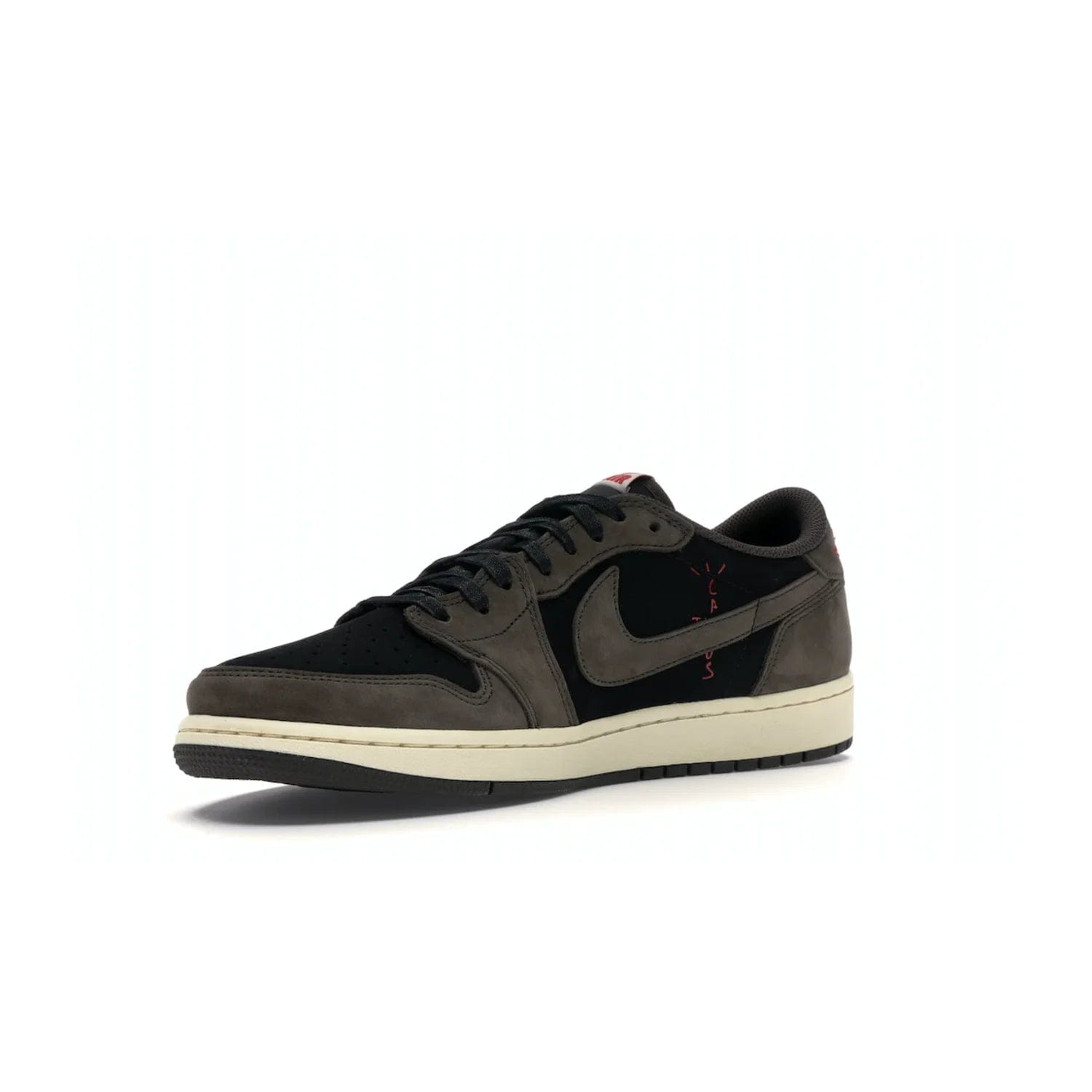 Jordan 1 Retro Low OG SP Travis Scott - Image 15 - Only at www.BallersClubKickz.com - The Air Jordan 1 Low Travis Scott combines modern and classic design elements for a stylish look. It features a black upper with dark brown overlays, red accents, sail midsole, and dark brown outsole. Signature touches include a backwards Swoosh logo and “Cactus Jack” inscriptions. Released in July 2019.