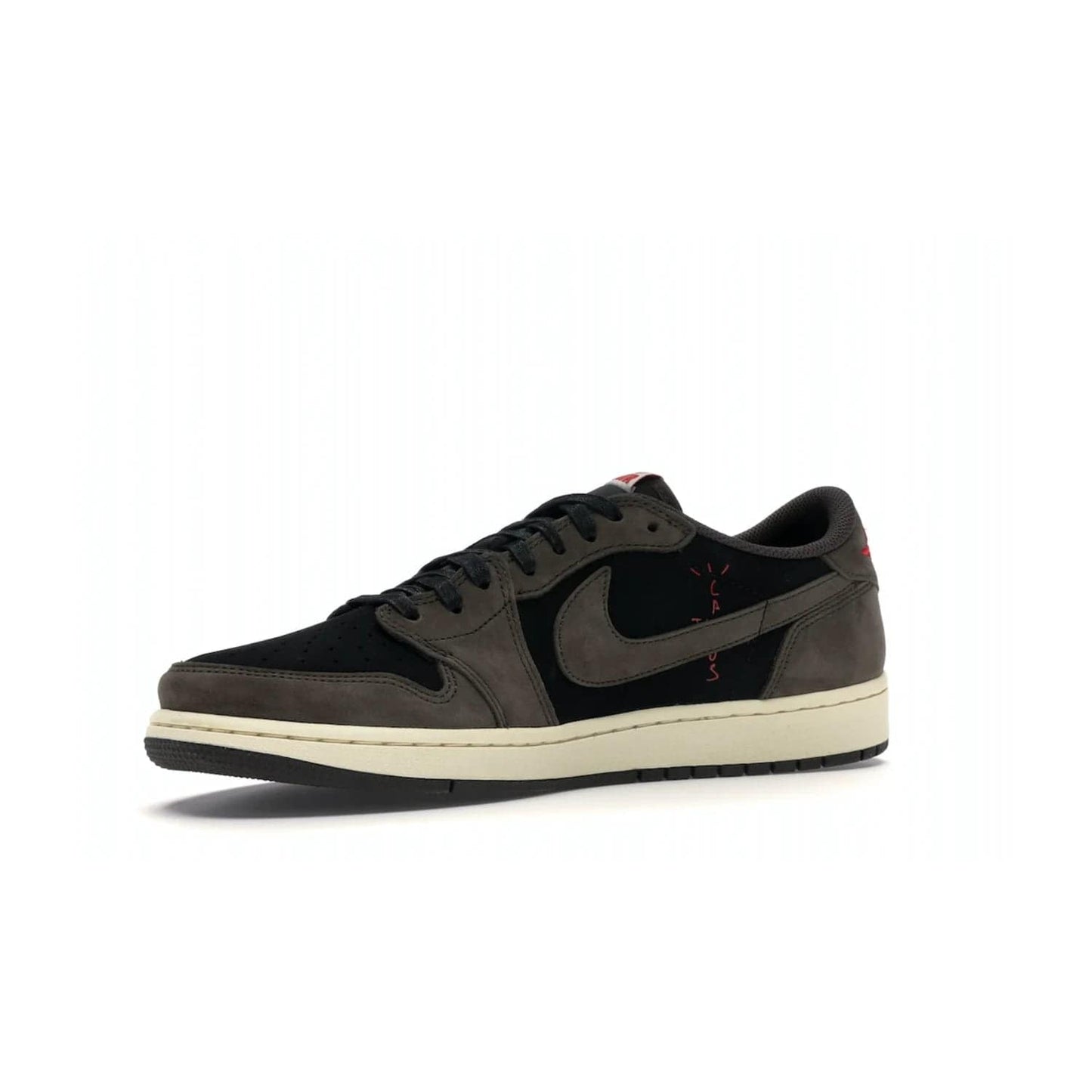 Jordan 1 Retro Low OG SP Travis Scott - Image 16 - Only at www.BallersClubKickz.com - The Air Jordan 1 Low Travis Scott combines modern and classic design elements for a stylish look. It features a black upper with dark brown overlays, red accents, sail midsole, and dark brown outsole. Signature touches include a backwards Swoosh logo and “Cactus Jack” inscriptions. Released in July 2019.
