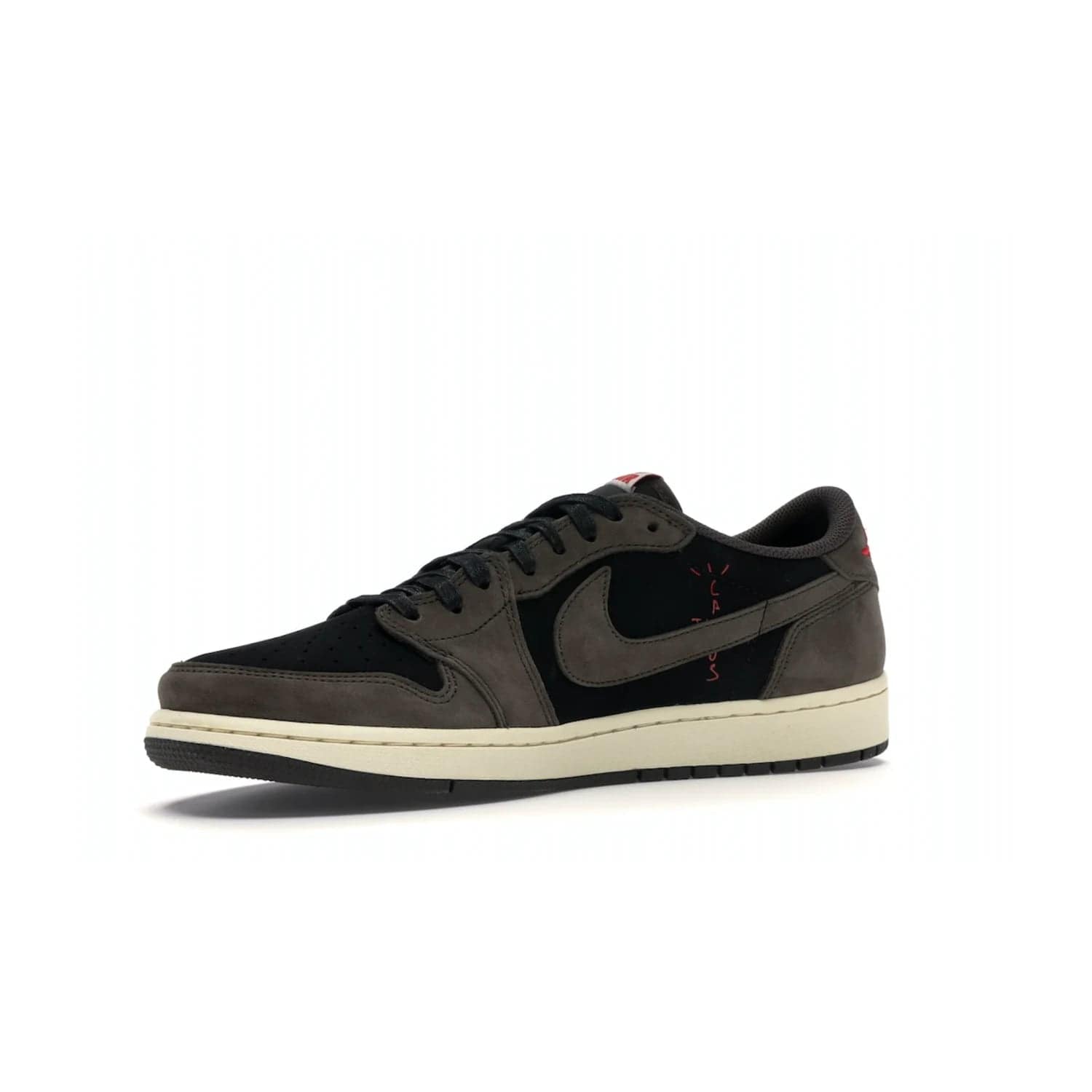 Jordan 1 Retro Low OG SP Travis Scott - Image 16 - Only at www.BallersClubKickz.com - The Air Jordan 1 Low Travis Scott combines modern and classic design elements for a stylish look. It features a black upper with dark brown overlays, red accents, sail midsole, and dark brown outsole. Signature touches include a backwards Swoosh logo and “Cactus Jack” inscriptions. Released in July 2019.