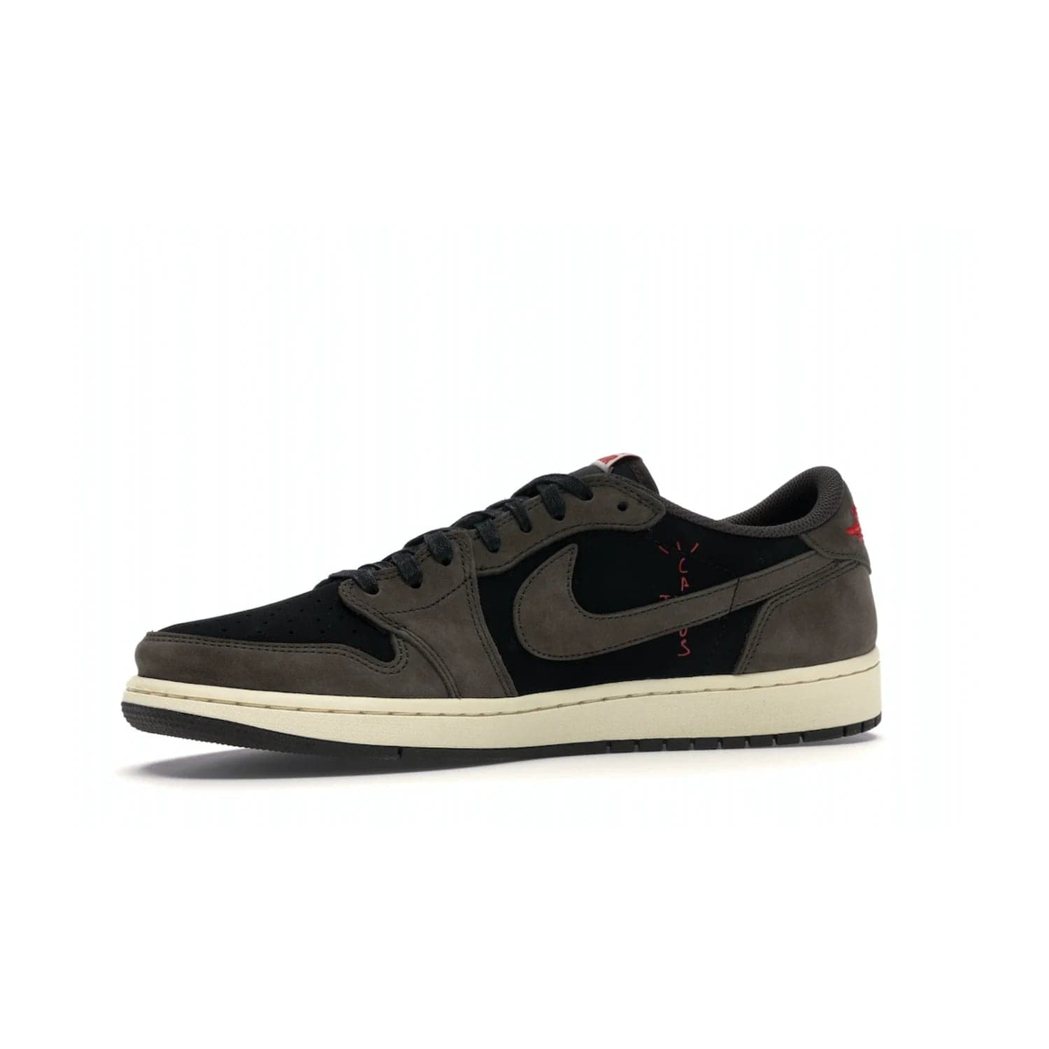 Jordan 1 Retro Low OG SP Travis Scott - Image 17 - Only at www.BallersClubKickz.com - The Air Jordan 1 Low Travis Scott combines modern and classic design elements for a stylish look. It features a black upper with dark brown overlays, red accents, sail midsole, and dark brown outsole. Signature touches include a backwards Swoosh logo and “Cactus Jack” inscriptions. Released in July 2019.