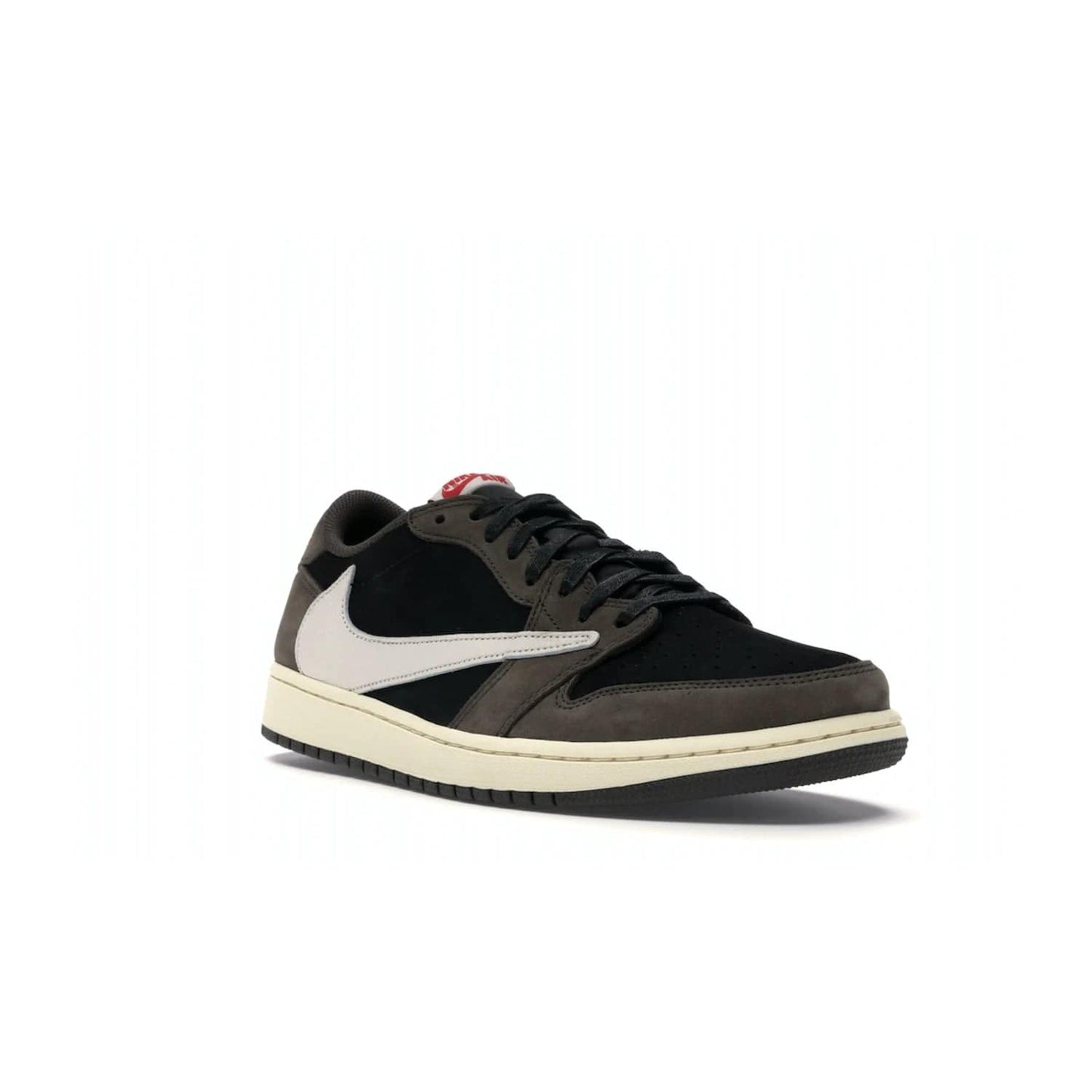 Jordan 1 Retro Low OG SP Travis Scott - Image 6 - Only at www.BallersClubKickz.com - The Air Jordan 1 Low Travis Scott combines modern and classic design elements for a stylish look. It features a black upper with dark brown overlays, red accents, sail midsole, and dark brown outsole. Signature touches include a backwards Swoosh logo and “Cactus Jack” inscriptions. Released in July 2019.