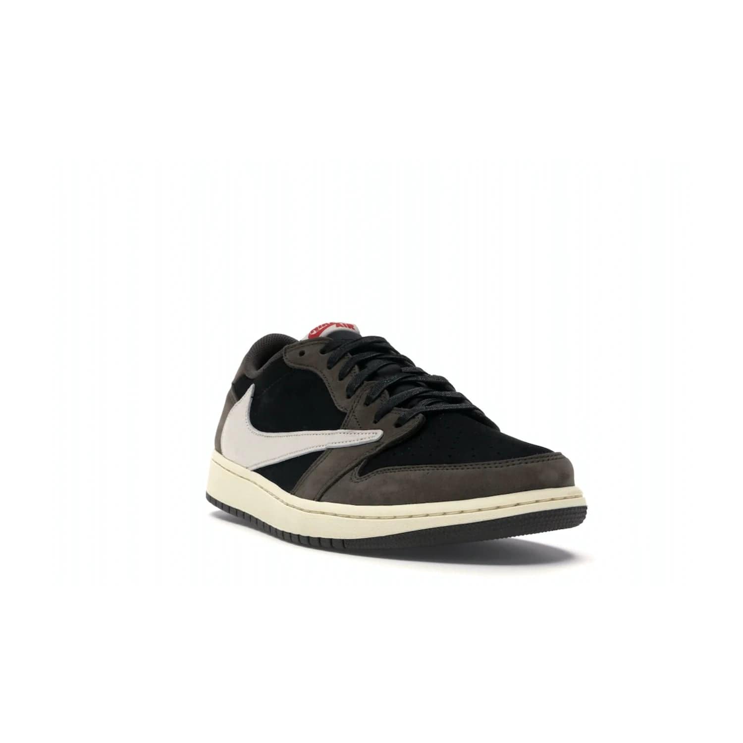 Jordan 1 Retro Low OG SP Travis Scott - Image 7 - Only at www.BallersClubKickz.com - The Air Jordan 1 Low Travis Scott combines modern and classic design elements for a stylish look. It features a black upper with dark brown overlays, red accents, sail midsole, and dark brown outsole. Signature touches include a backwards Swoosh logo and “Cactus Jack” inscriptions. Released in July 2019.
