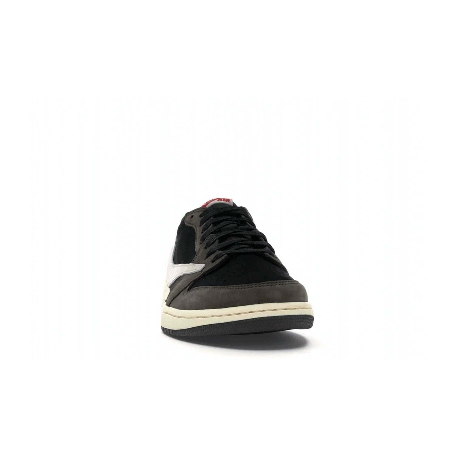 Jordan 1 Retro Low OG SP Travis Scott - Image 9 - Only at www.BallersClubKickz.com - The Air Jordan 1 Low Travis Scott combines modern and classic design elements for a stylish look. It features a black upper with dark brown overlays, red accents, sail midsole, and dark brown outsole. Signature touches include a backwards Swoosh logo and “Cactus Jack” inscriptions. Released in July 2019.