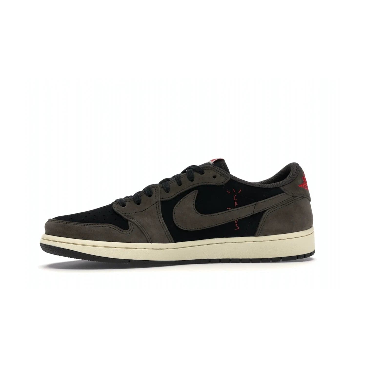 Jordan 1 Retro Low OG SP Travis Scott - Image 18 - Only at www.BallersClubKickz.com - The Air Jordan 1 Low Travis Scott combines modern and classic design elements for a stylish look. It features a black upper with dark brown overlays, red accents, sail midsole, and dark brown outsole. Signature touches include a backwards Swoosh logo and “Cactus Jack” inscriptions. Released in July 2019.