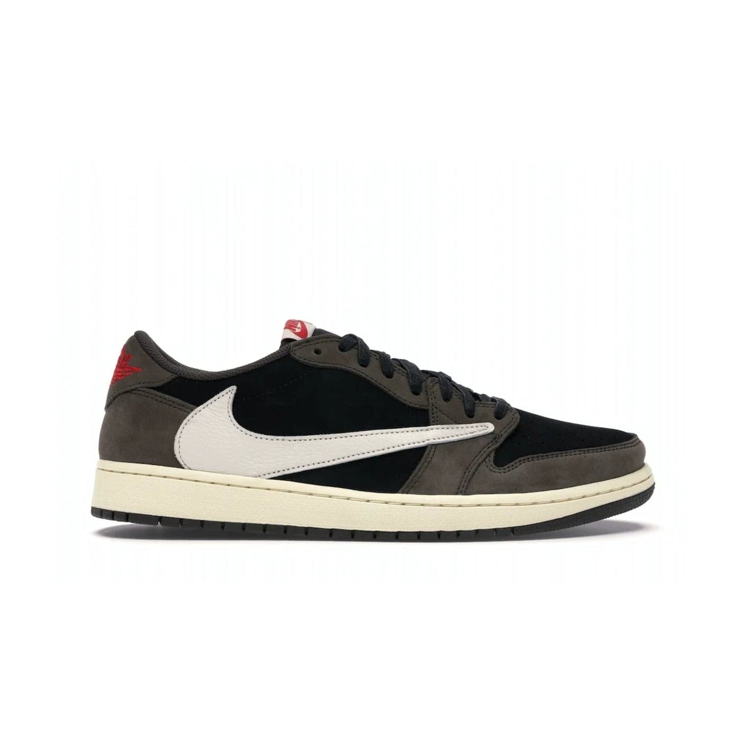Jordan 1 Retro Low OG SP Travis Scott - Image 1 - Only at www.BallersClubKickz.com - The Air Jordan 1 Low Travis Scott combines modern and classic design elements for a stylish look. It features a black upper with dark brown overlays, red accents, sail midsole, and dark brown outsole. Signature touches include a backwards Swoosh logo and “Cactus Jack” inscriptions. Released in July 2019.