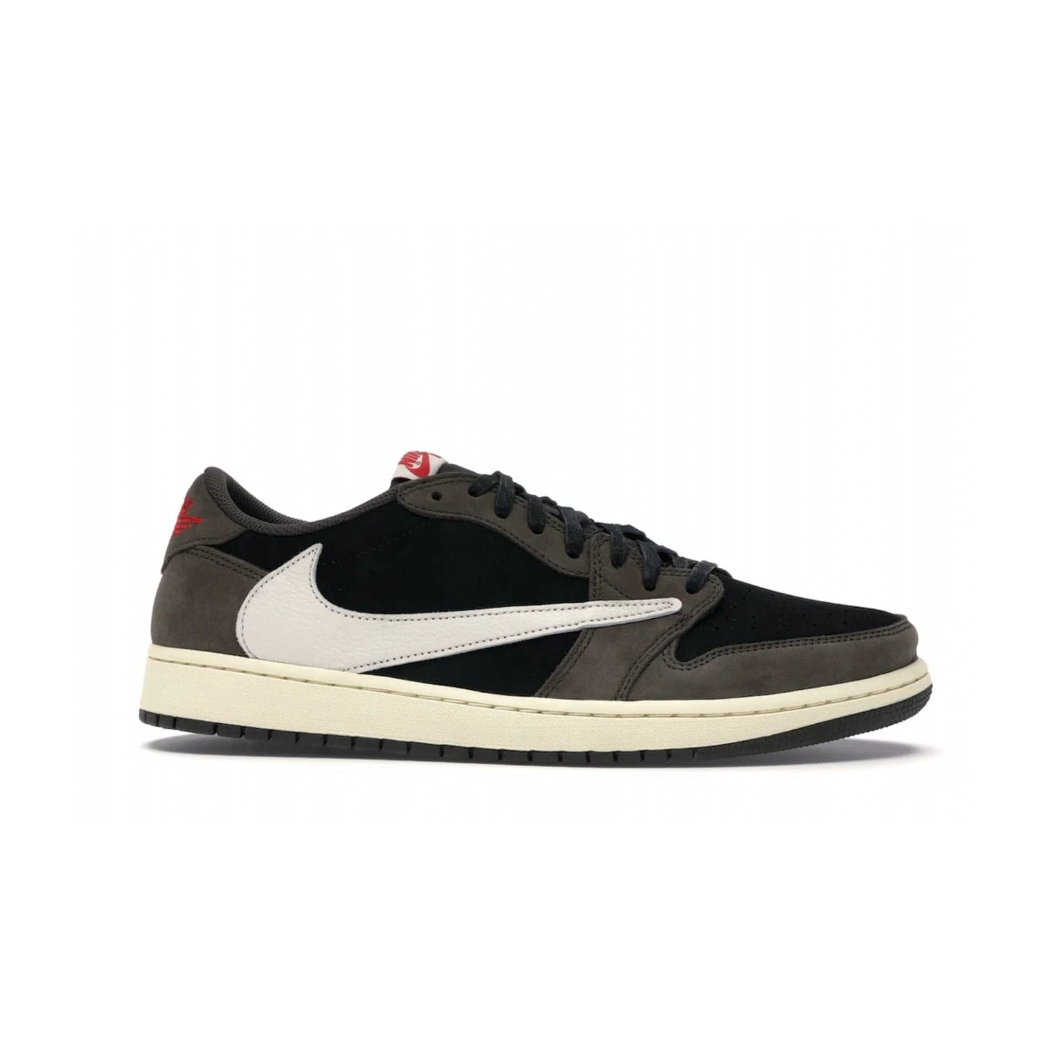 Jordan 1 Retro Low OG SP Travis Scott - Image 2 - Only at www.BallersClubKickz.com - The Air Jordan 1 Low Travis Scott combines modern and classic design elements for a stylish look. It features a black upper with dark brown overlays, red accents, sail midsole, and dark brown outsole. Signature touches include a backwards Swoosh logo and “Cactus Jack” inscriptions. Released in July 2019.