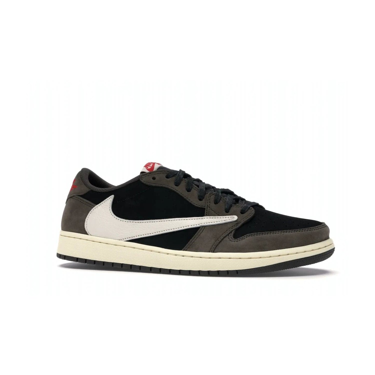 Jordan 1 Retro Low OG SP Travis Scott - Image 3 - Only at www.BallersClubKickz.com - The Air Jordan 1 Low Travis Scott combines modern and classic design elements for a stylish look. It features a black upper with dark brown overlays, red accents, sail midsole, and dark brown outsole. Signature touches include a backwards Swoosh logo and “Cactus Jack” inscriptions. Released in July 2019.