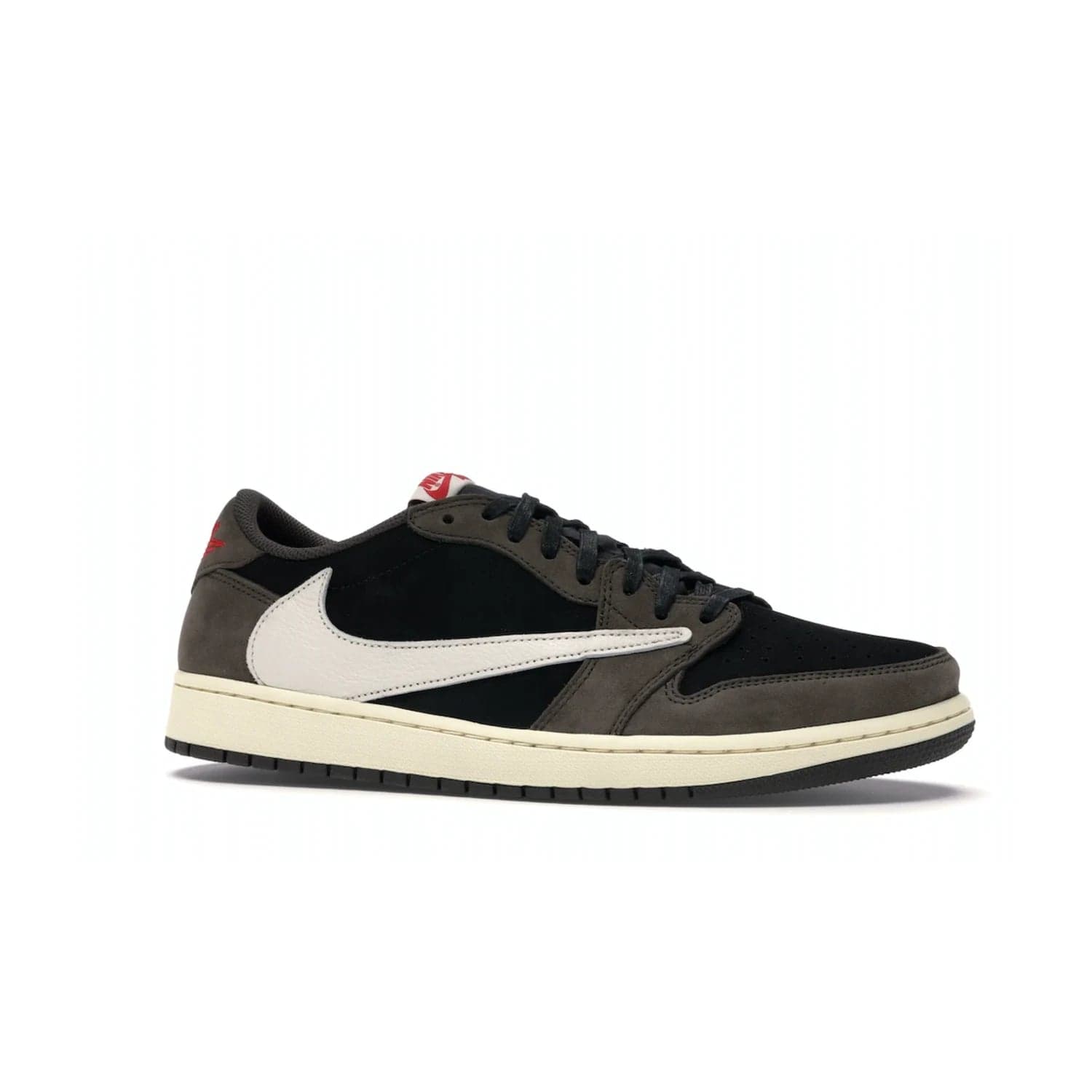 Jordan 1 Retro Low OG SP Travis Scott - Image 3 - Only at www.BallersClubKickz.com - The Air Jordan 1 Low Travis Scott combines modern and classic design elements for a stylish look. It features a black upper with dark brown overlays, red accents, sail midsole, and dark brown outsole. Signature touches include a backwards Swoosh logo and “Cactus Jack” inscriptions. Released in July 2019.