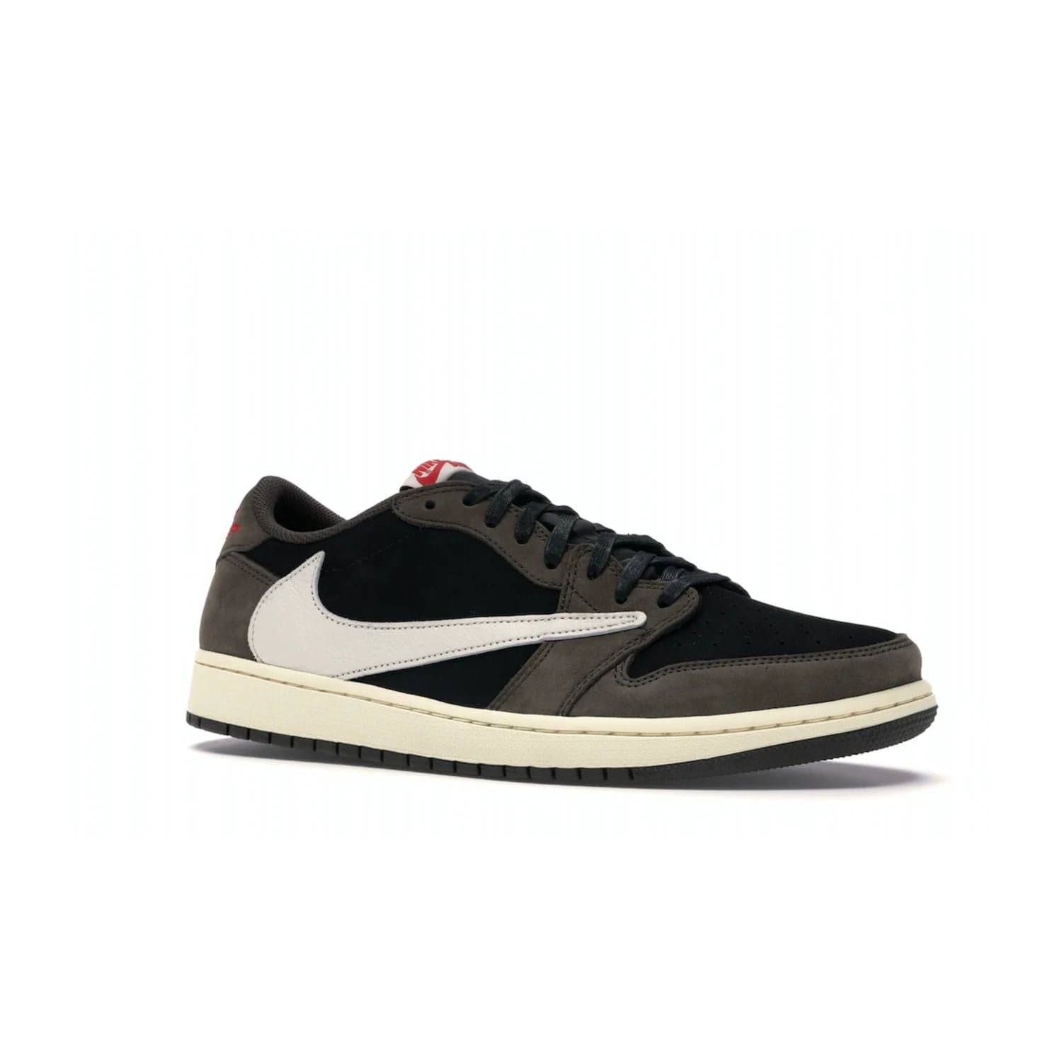 Jordan 1 Retro Low OG SP Travis Scott - Image 4 - Only at www.BallersClubKickz.com - The Air Jordan 1 Low Travis Scott combines modern and classic design elements for a stylish look. It features a black upper with dark brown overlays, red accents, sail midsole, and dark brown outsole. Signature touches include a backwards Swoosh logo and “Cactus Jack” inscriptions. Released in July 2019.