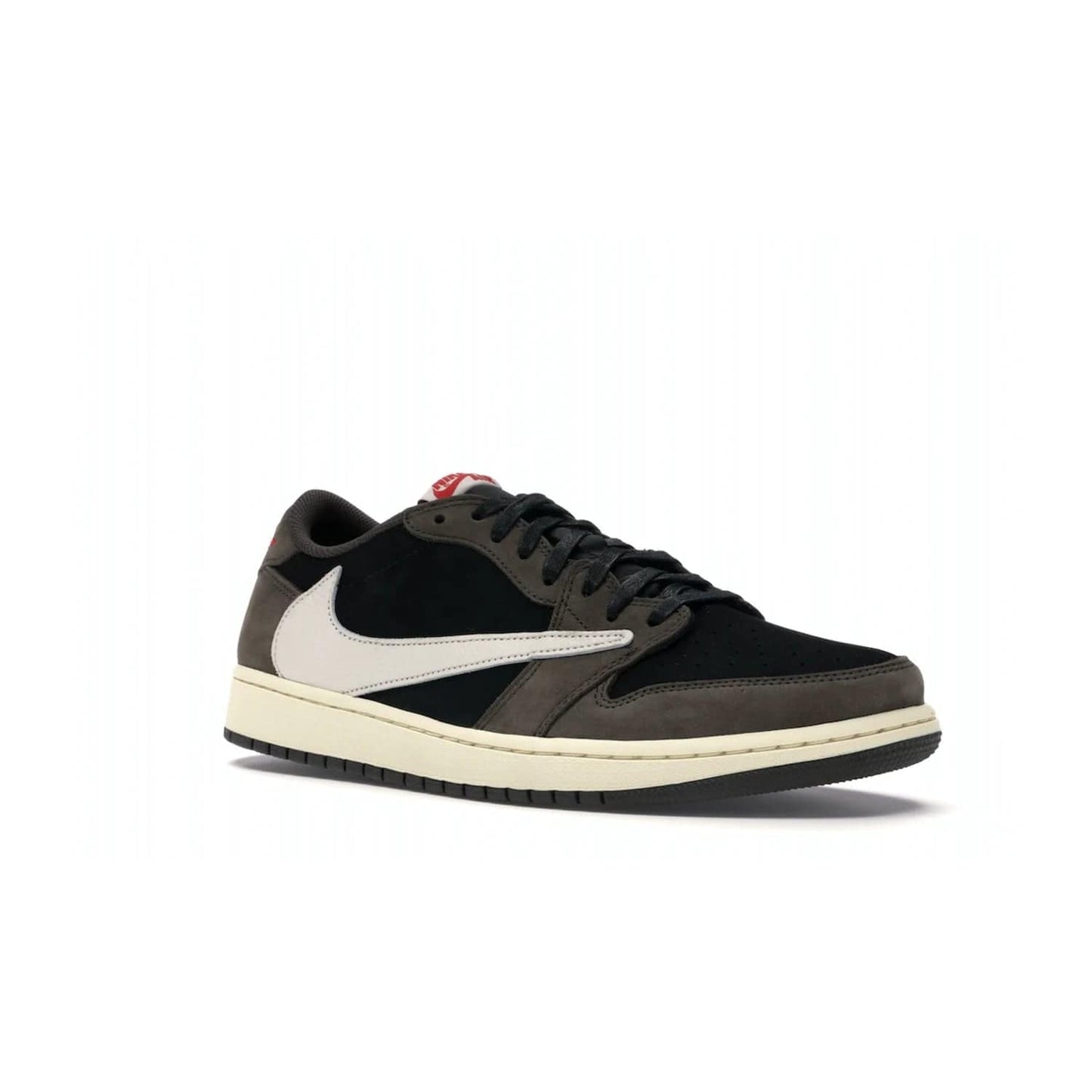 Jordan 1 Retro Low OG SP Travis Scott - Image 5 - Only at www.BallersClubKickz.com - The Air Jordan 1 Low Travis Scott combines modern and classic design elements for a stylish look. It features a black upper with dark brown overlays, red accents, sail midsole, and dark brown outsole. Signature touches include a backwards Swoosh logo and “Cactus Jack” inscriptions. Released in July 2019.