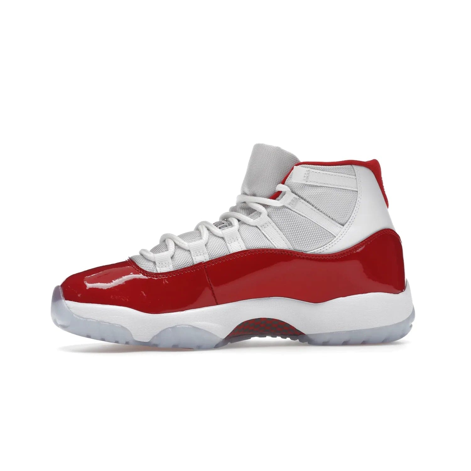 Jordan 11 Retro Cherry (2022) - Image 18 - Only at www.BallersClubKickz.com - The Air Jordan 11 Cherry features classic patent leather with Cherry red accents, icy blue outsole, and debossed 23 on the heel tab. Refresh your sneaker game with this iconic update, available December 10, 2022.