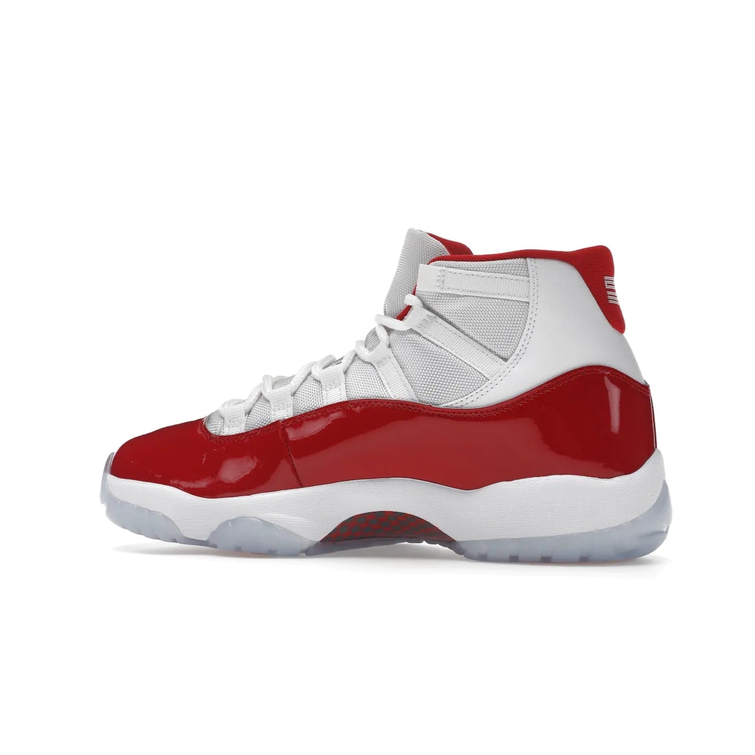 Jordan 11 Retro Cherry (2022) - Image 21 - Only at www.BallersClubKickz.com - The Air Jordan 11 Cherry features classic patent leather with Cherry red accents, icy blue outsole, and debossed 23 on the heel tab. Refresh your sneaker game with this iconic update, available December 10, 2022.
