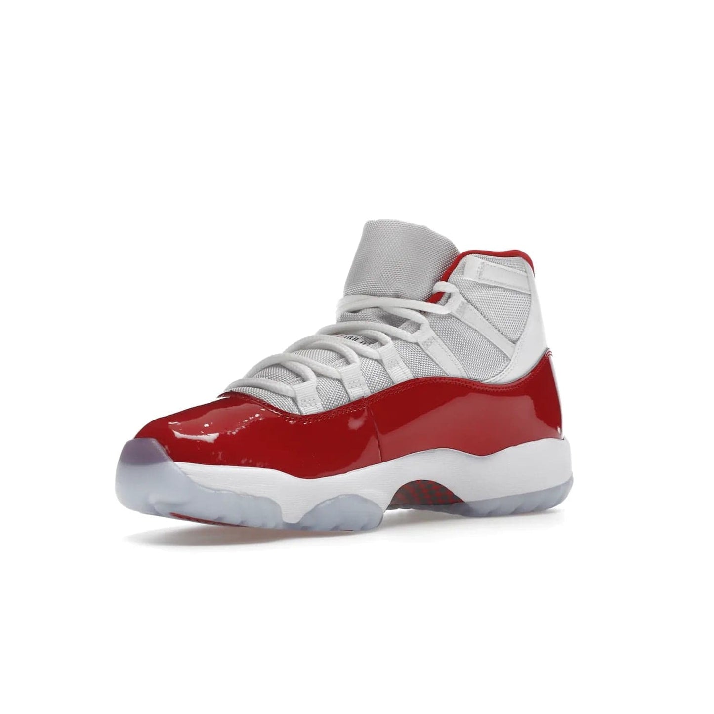 Jordan 11 Retro Cherry (2022) - Image 15 - Only at www.BallersClubKickz.com - The Air Jordan 11 Cherry features classic patent leather with Cherry red accents, icy blue outsole, and debossed 23 on the heel tab. Refresh your sneaker game with this iconic update, available December 10, 2022.