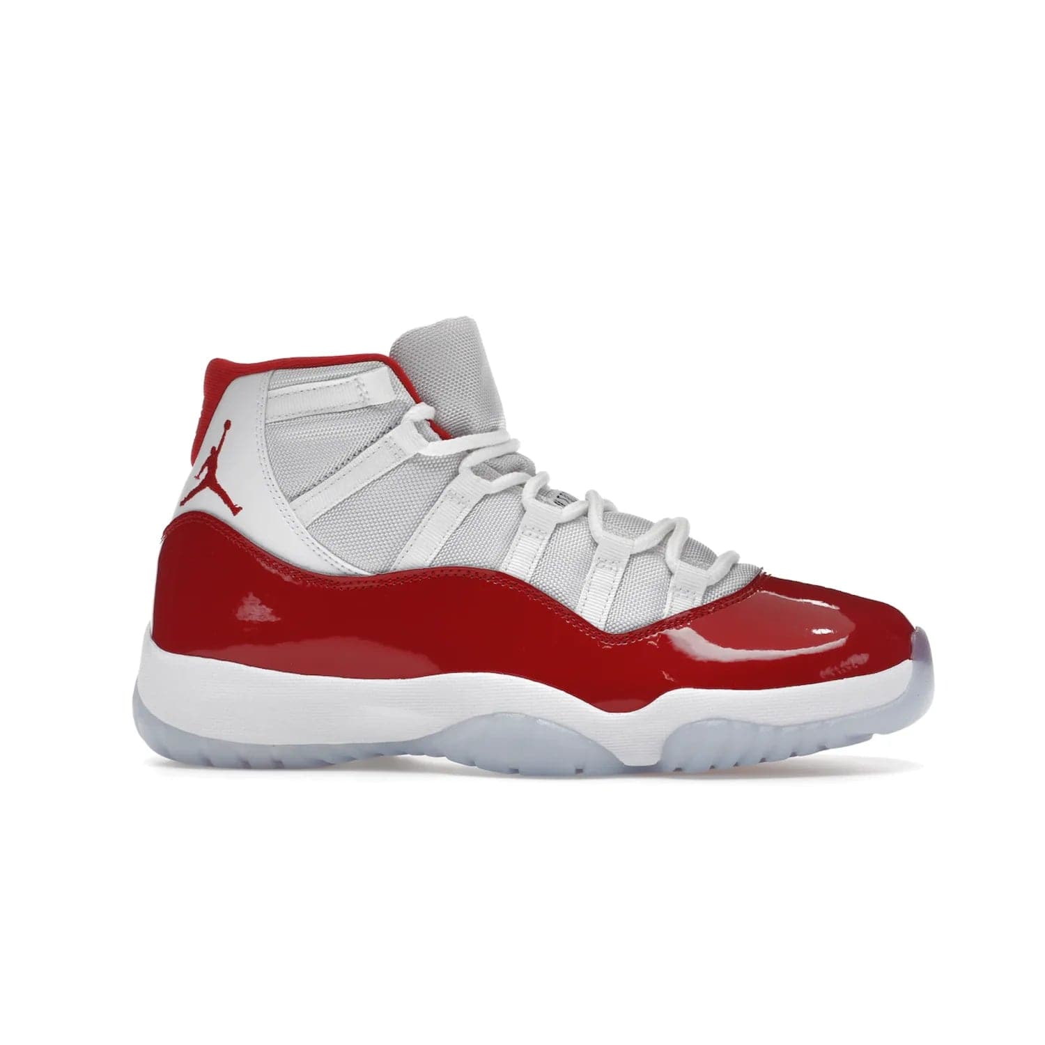 Jordan 11 Retro Cherry (2022) - Image 2 - Only at www.BallersClubKickz.com - The Air Jordan 11 Cherry features classic patent leather with Cherry red accents, icy blue outsole, and debossed 23 on the heel tab. Refresh your sneaker game with this iconic update, available December 10, 2022.