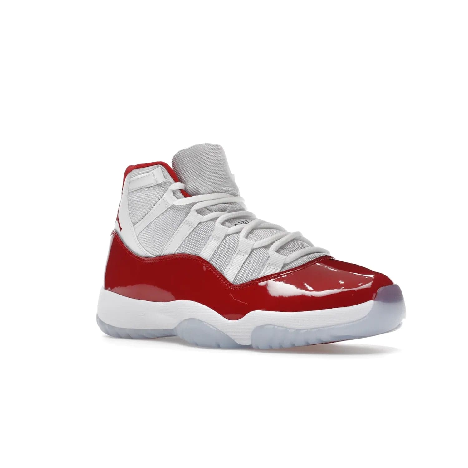 Jordan 11 Retro Cherry (2022) - Image 5 - Only at www.BallersClubKickz.com - The Air Jordan 11 Cherry features classic patent leather with Cherry red accents, icy blue outsole, and debossed 23 on the heel tab. Refresh your sneaker game with this iconic update, available December 10, 2022.