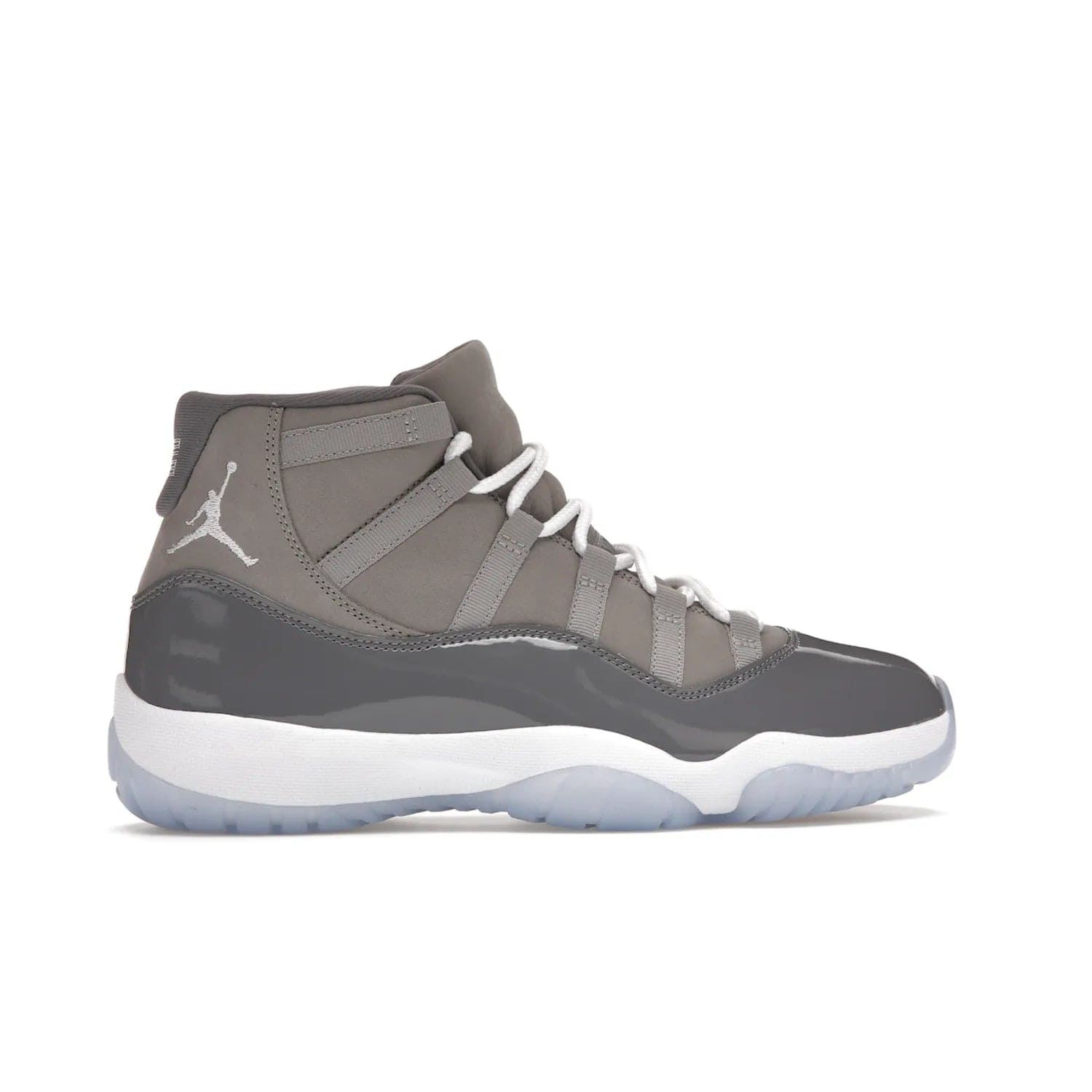 Jordan 11 Retro Cool Grey (2021) - Image 36 - Only at www.BallersClubKickz.com - Shop the Air Jordan 11 Retro Cool Grey (2021) for a must-have sneaker with a Cool Grey Durabuck upper, patent leather overlays, signature Jumpman embroidery, a white midsole, icy blue translucent outsole, and Multi-Color accents.  Released in December 2021 for $225.