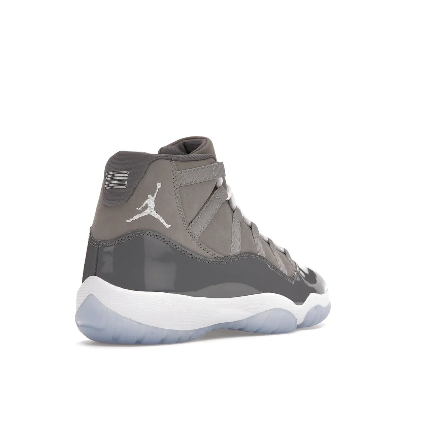 Jordan 11 Retro Cool Grey (2021) - Image 32 - Only at www.BallersClubKickz.com - Shop the Air Jordan 11 Retro Cool Grey (2021) for a must-have sneaker with a Cool Grey Durabuck upper, patent leather overlays, signature Jumpman embroidery, a white midsole, icy blue translucent outsole, and Multi-Color accents.  Released in December 2021 for $225.