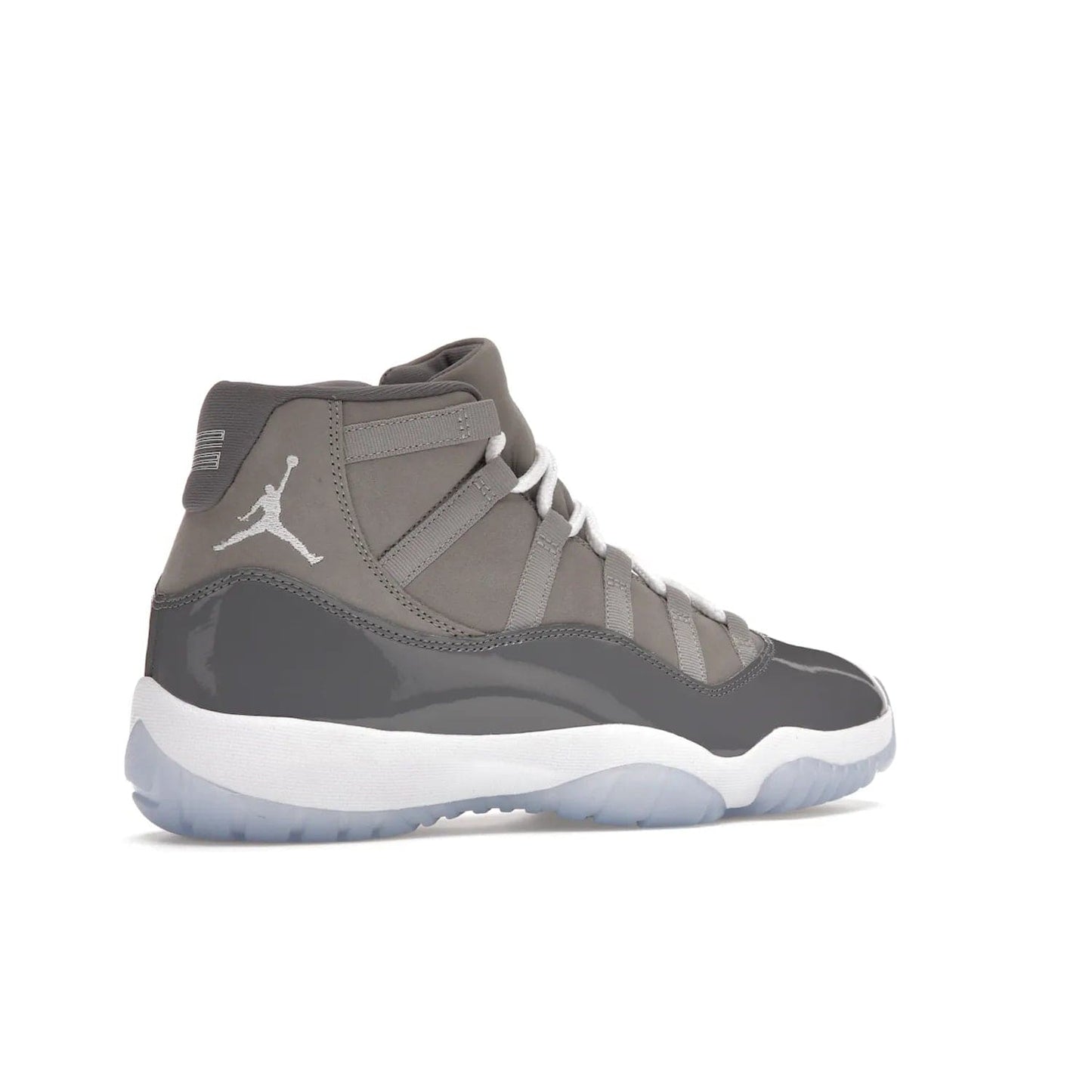 Jordan 11 Retro Cool Grey (2021) - Image 34 - Only at www.BallersClubKickz.com - Shop the Air Jordan 11 Retro Cool Grey (2021) for a must-have sneaker with a Cool Grey Durabuck upper, patent leather overlays, signature Jumpman embroidery, a white midsole, icy blue translucent outsole, and Multi-Color accents.  Released in December 2021 for $225.