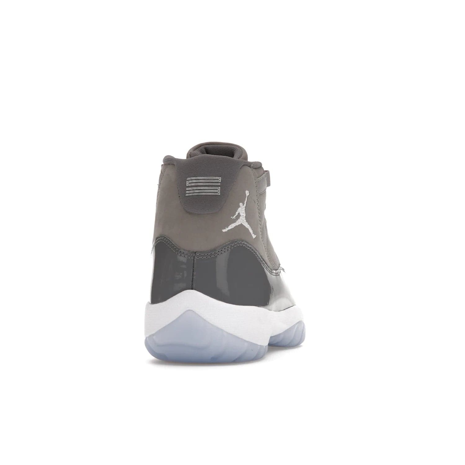 Jordan 11 Retro Cool Grey (2021) - Image 29 - Only at www.BallersClubKickz.com - Shop the Air Jordan 11 Retro Cool Grey (2021) for a must-have sneaker with a Cool Grey Durabuck upper, patent leather overlays, signature Jumpman embroidery, a white midsole, icy blue translucent outsole, and Multi-Color accents.  Released in December 2021 for $225.