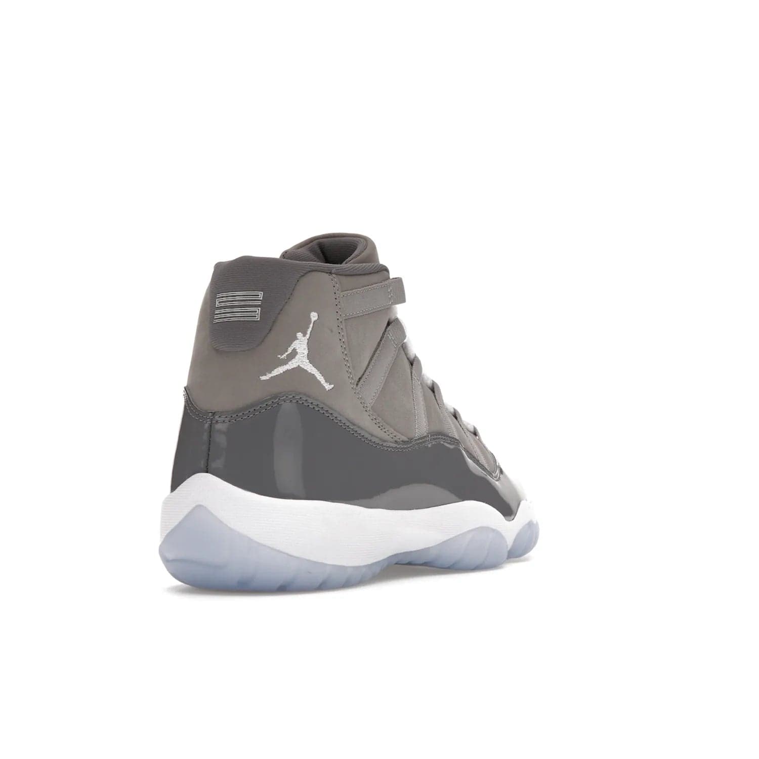 Jordan 11 Retro Cool Grey (2021) - Image 31 - Only at www.BallersClubKickz.com - Shop the Air Jordan 11 Retro Cool Grey (2021) for a must-have sneaker with a Cool Grey Durabuck upper, patent leather overlays, signature Jumpman embroidery, a white midsole, icy blue translucent outsole, and Multi-Color accents.  Released in December 2021 for $225.