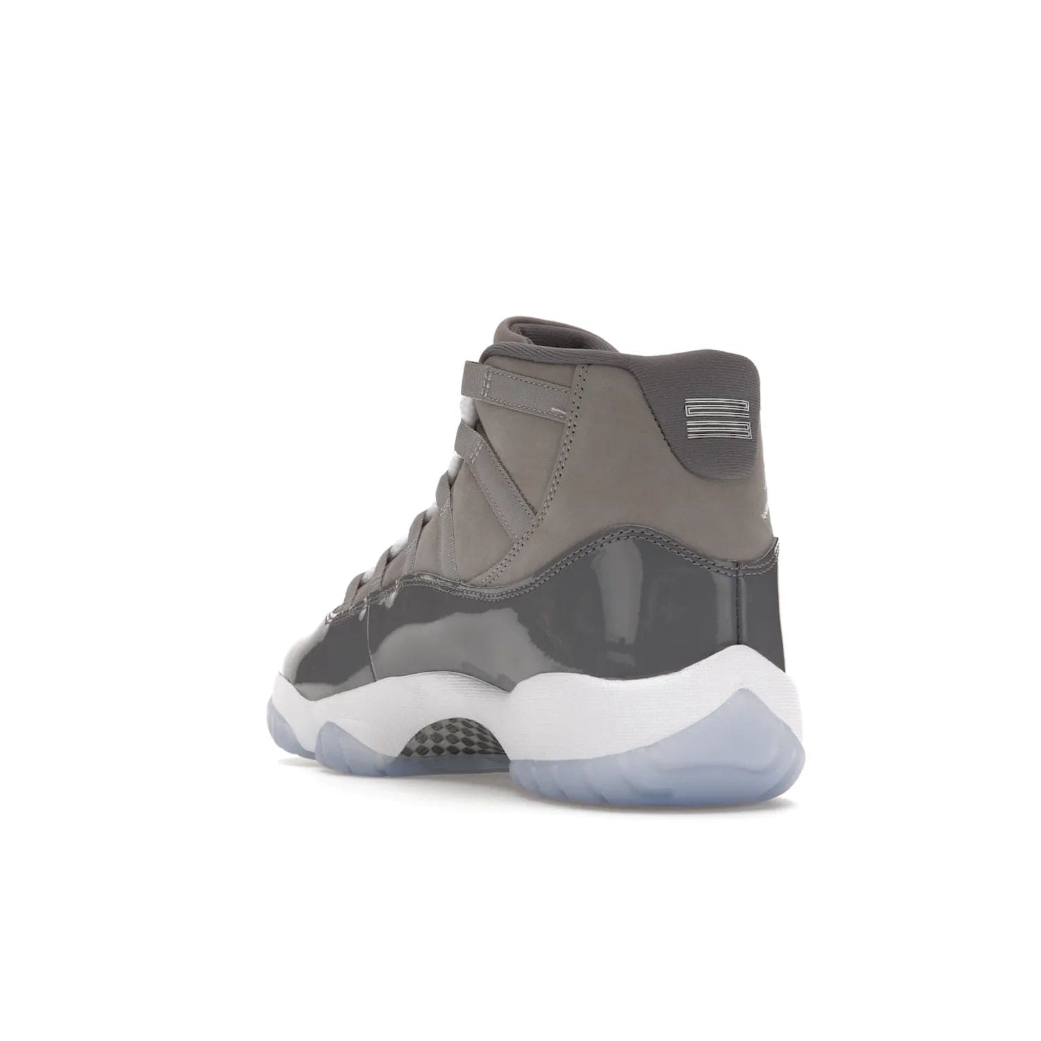 Jordan 11 Retro Cool Grey (2021) - Image 25 - Only at www.BallersClubKickz.com - Shop the Air Jordan 11 Retro Cool Grey (2021) for a must-have sneaker with a Cool Grey Durabuck upper, patent leather overlays, signature Jumpman embroidery, a white midsole, icy blue translucent outsole, and Multi-Color accents.  Released in December 2021 for $225.
