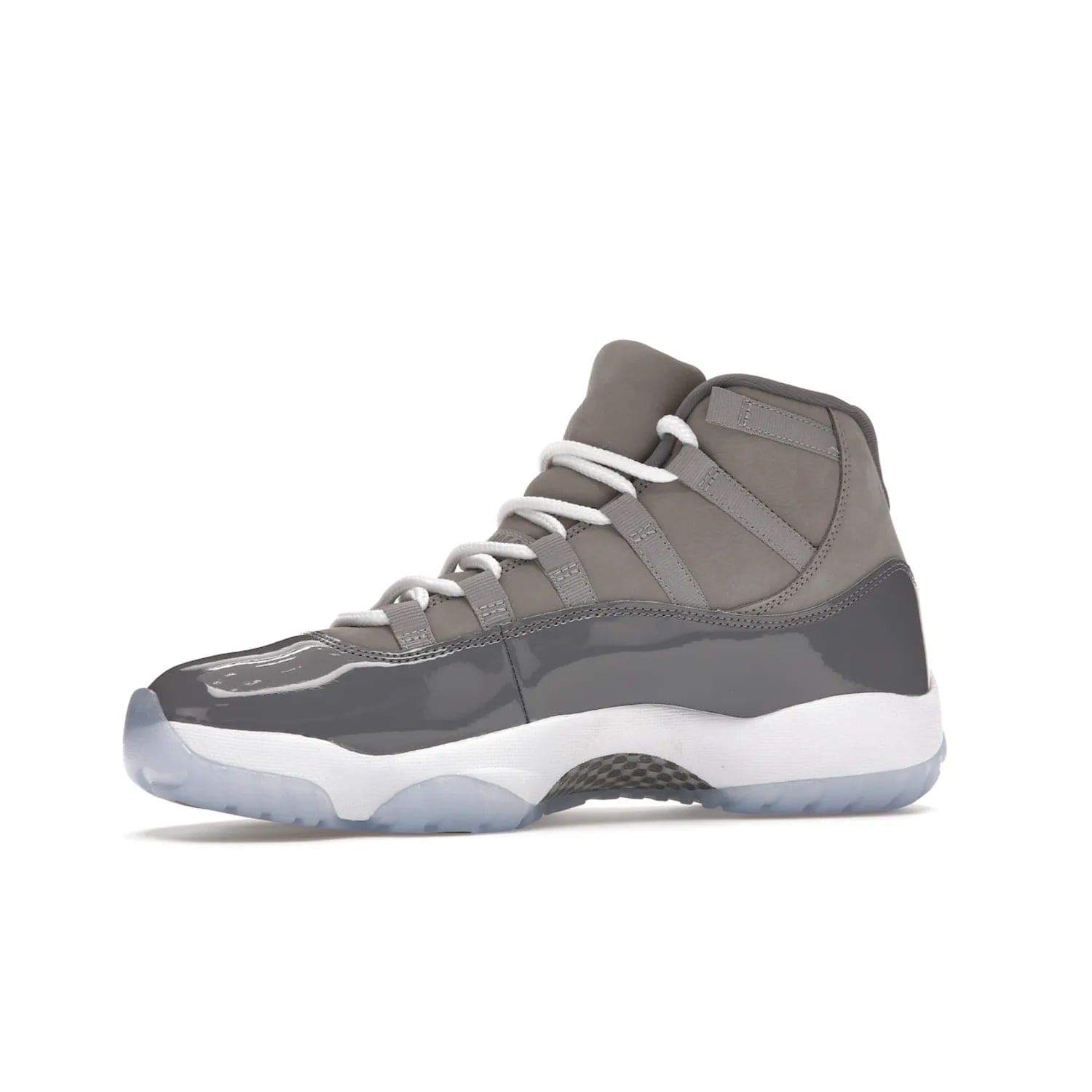 Jordan 11 Retro Cool Grey (2021) - Image 17 - Only at www.BallersClubKickz.com - Shop the Air Jordan 11 Retro Cool Grey (2021) for a must-have sneaker with a Cool Grey Durabuck upper, patent leather overlays, signature Jumpman embroidery, a white midsole, icy blue translucent outsole, and Multi-Color accents.  Released in December 2021 for $225.