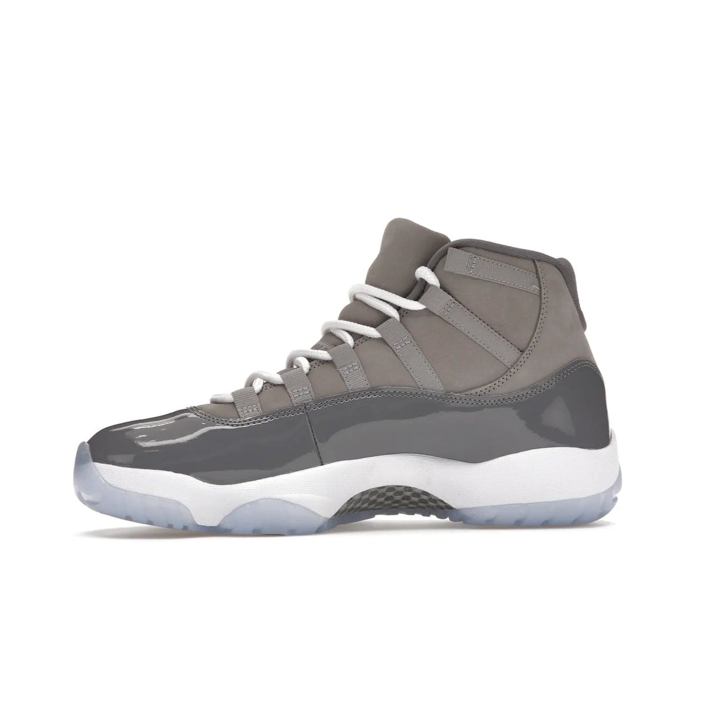 Jordan 11 Retro Cool Grey (2021) - Image 18 - Only at www.BallersClubKickz.com - Shop the Air Jordan 11 Retro Cool Grey (2021) for a must-have sneaker with a Cool Grey Durabuck upper, patent leather overlays, signature Jumpman embroidery, a white midsole, icy blue translucent outsole, and Multi-Color accents.  Released in December 2021 for $225.