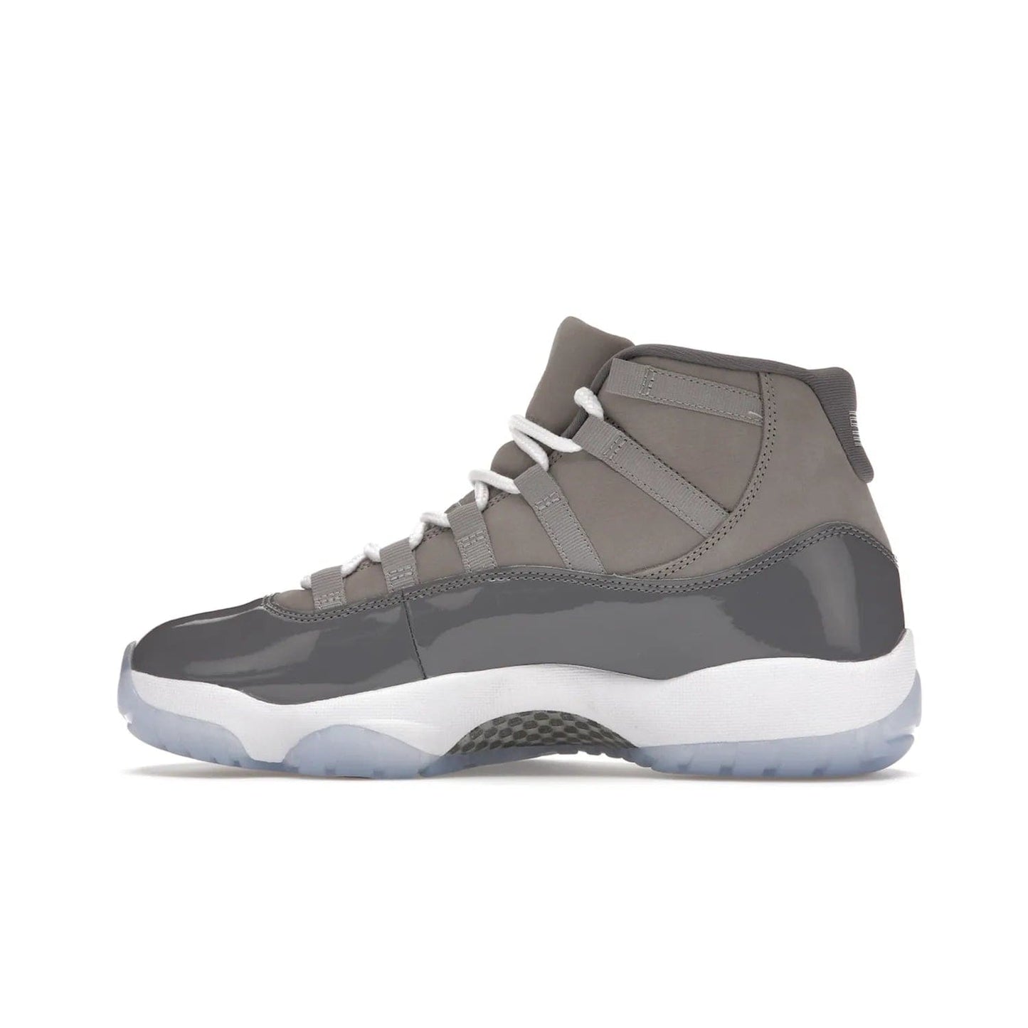 Jordan 11 Retro Cool Grey (2021) - Image 20 - Only at www.BallersClubKickz.com - Shop the Air Jordan 11 Retro Cool Grey (2021) for a must-have sneaker with a Cool Grey Durabuck upper, patent leather overlays, signature Jumpman embroidery, a white midsole, icy blue translucent outsole, and Multi-Color accents.  Released in December 2021 for $225.