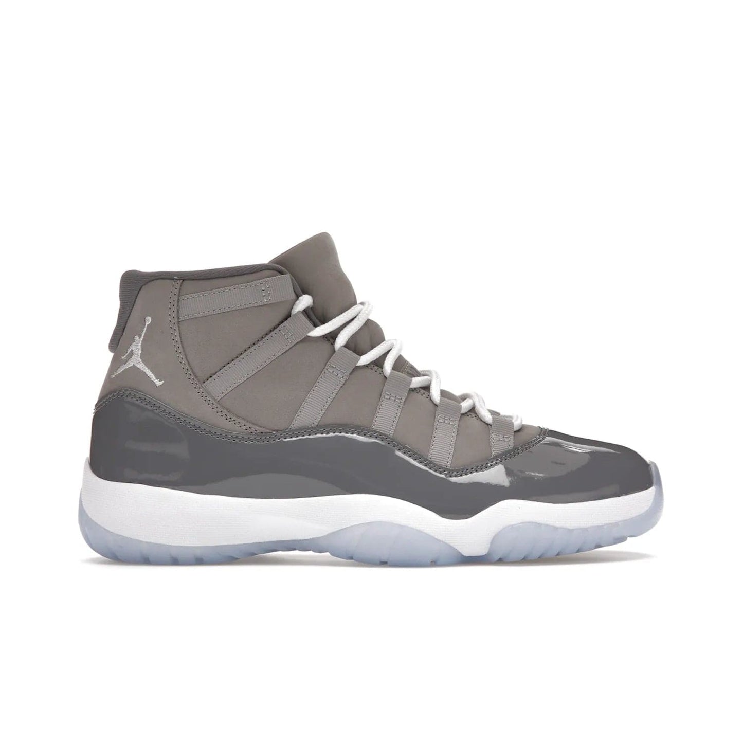 Jordan 11 Retro Cool Grey (2021) - Image 1 - Only at www.BallersClubKickz.com - Shop the Air Jordan 11 Retro Cool Grey (2021) for a must-have sneaker with a Cool Grey Durabuck upper, patent leather overlays, signature Jumpman embroidery, a white midsole, icy blue translucent outsole, and Multi-Color accents.  Released in December 2021 for $225.