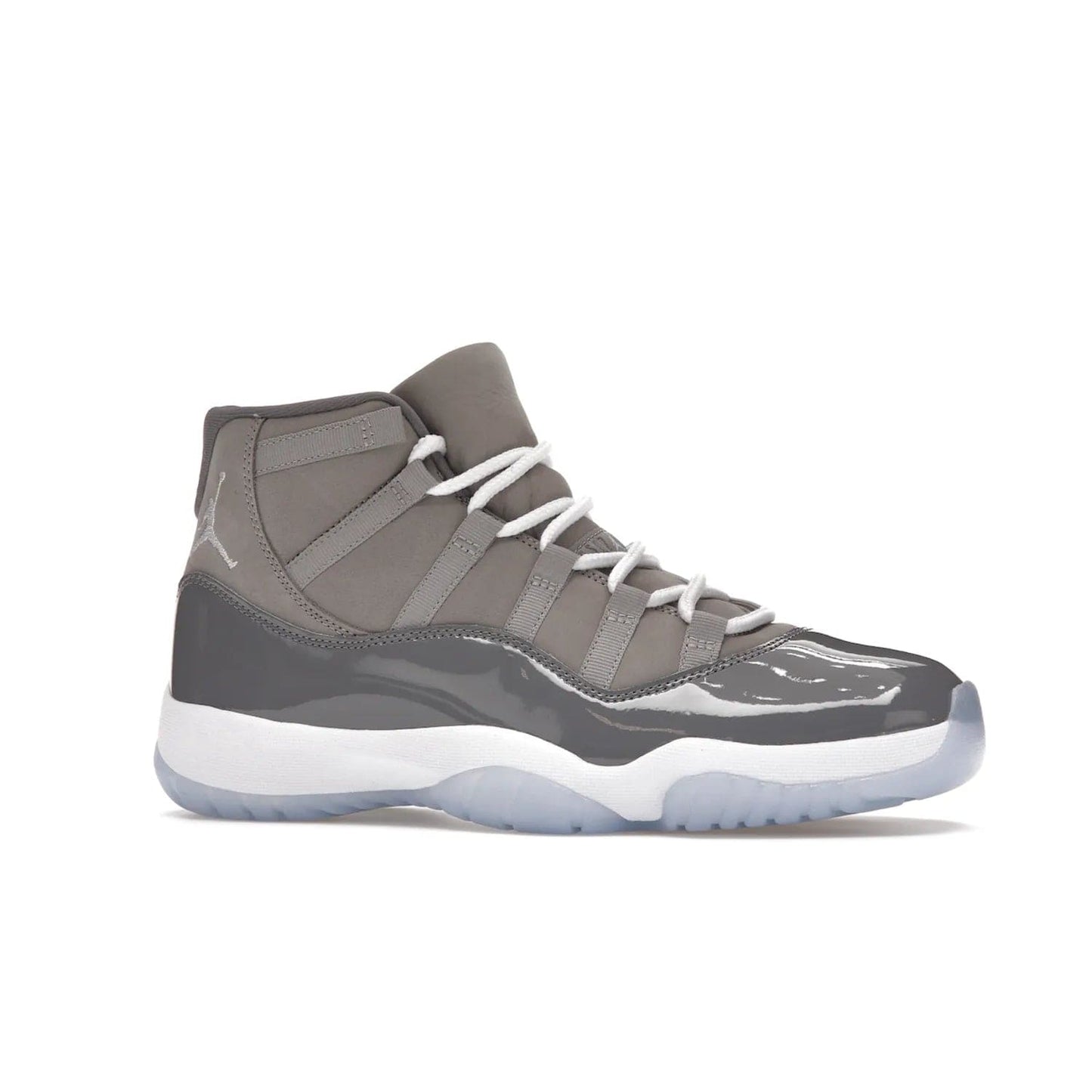 Jordan 11 Retro Cool Grey (2021) - Image 3 - Only at www.BallersClubKickz.com - Shop the Air Jordan 11 Retro Cool Grey (2021) for a must-have sneaker with a Cool Grey Durabuck upper, patent leather overlays, signature Jumpman embroidery, a white midsole, icy blue translucent outsole, and Multi-Color accents.  Released in December 2021 for $225.