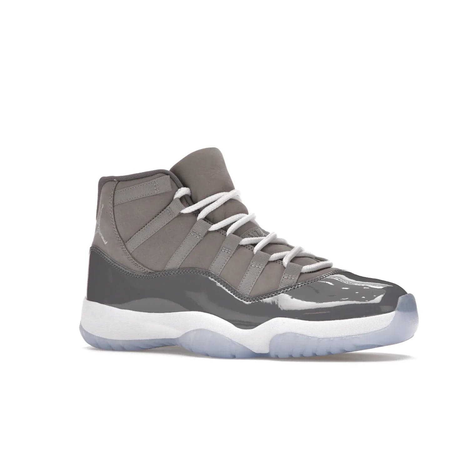 Jordan 11 Retro Cool Grey (2021) - Image 4 - Only at www.BallersClubKickz.com - Shop the Air Jordan 11 Retro Cool Grey (2021) for a must-have sneaker with a Cool Grey Durabuck upper, patent leather overlays, signature Jumpman embroidery, a white midsole, icy blue translucent outsole, and Multi-Color accents.  Released in December 2021 for $225.