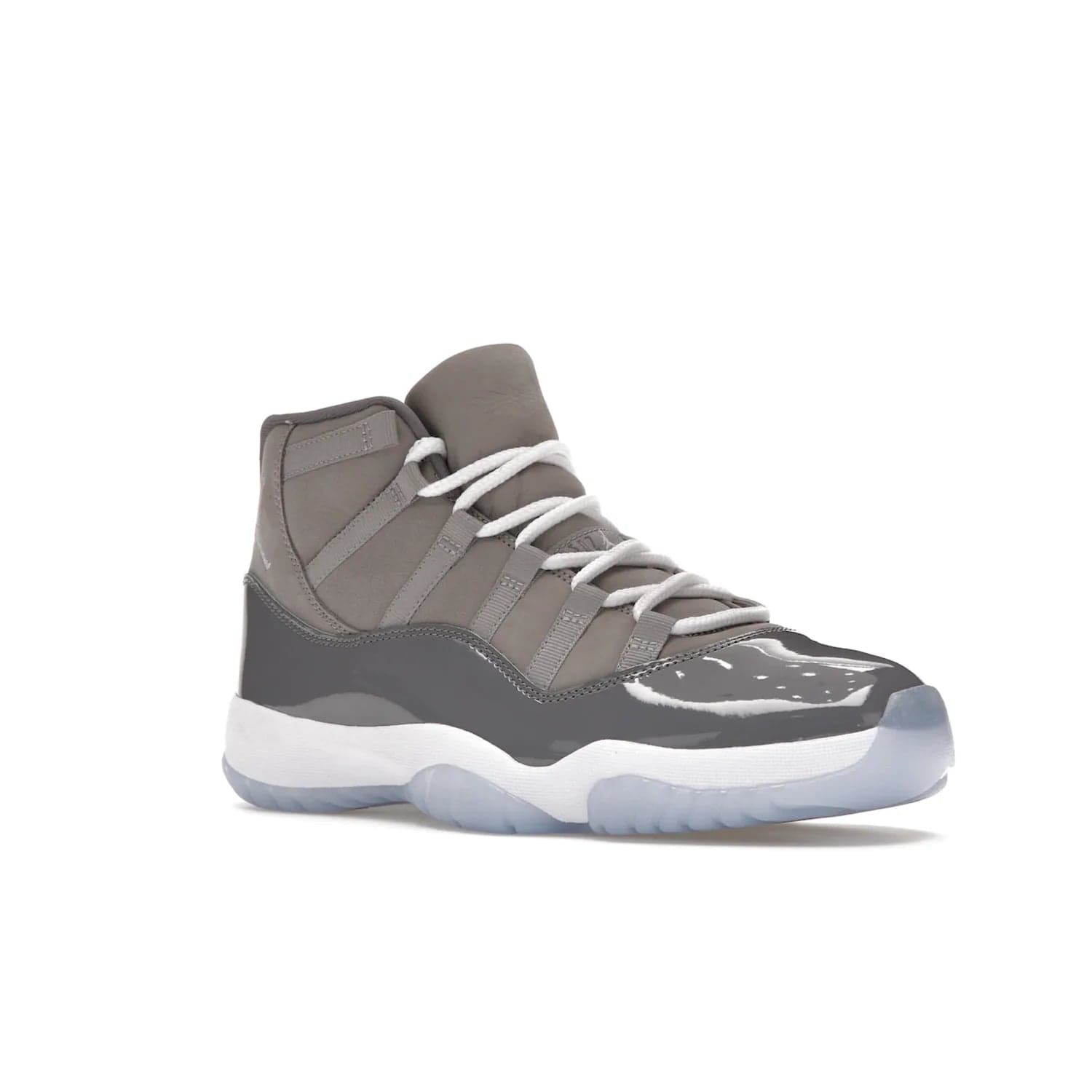 Jordan 11 Retro Cool Grey (2021) - Image 5 - Only at www.BallersClubKickz.com - Shop the Air Jordan 11 Retro Cool Grey (2021) for a must-have sneaker with a Cool Grey Durabuck upper, patent leather overlays, signature Jumpman embroidery, a white midsole, icy blue translucent outsole, and Multi-Color accents.  Released in December 2021 for $225.